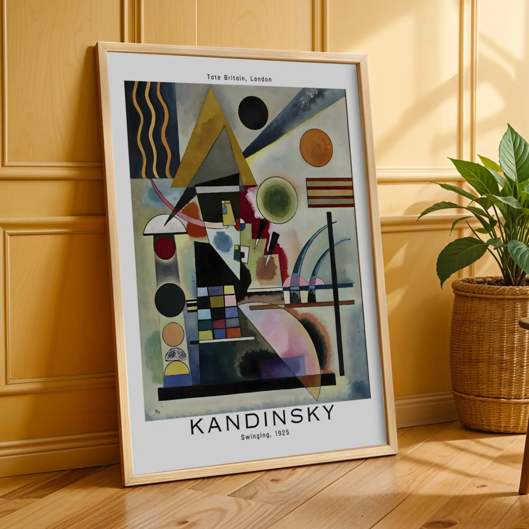 Kandinsky Renkli Soyut Kompozisyonlar Doğal Ahşap Çerçeveli 3lü Tablo Seti