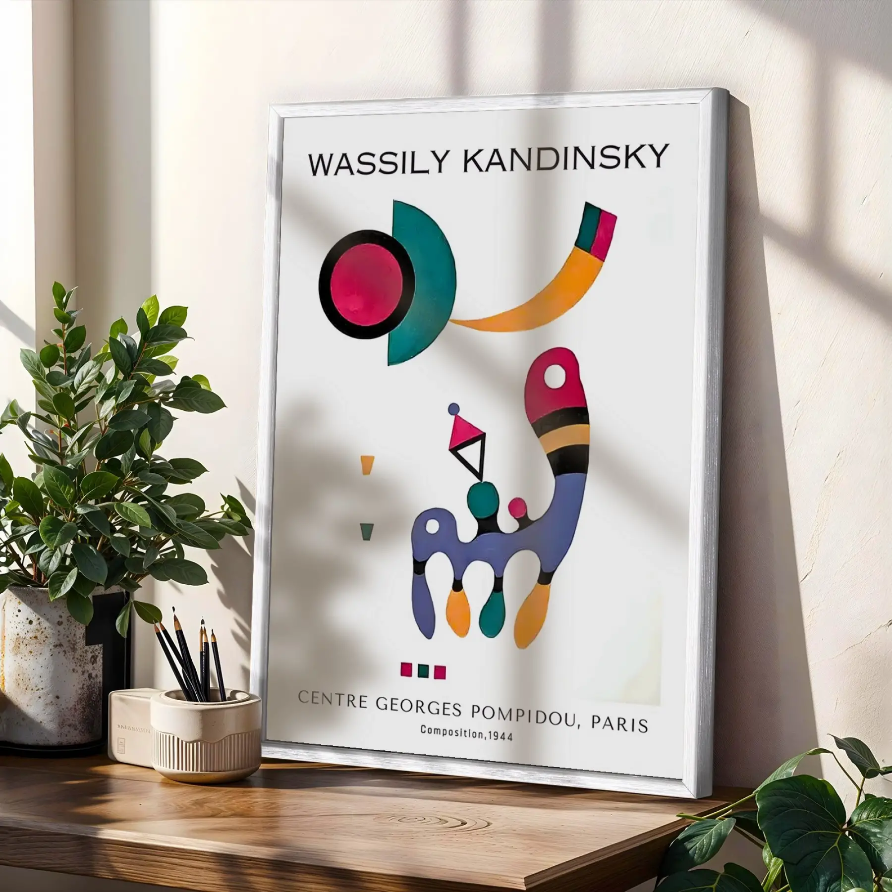 Kandinsky Renkli Soyut Kompozisyonlar Beyaz Çerçeveli 3lü Ahşap Tablo Seti
