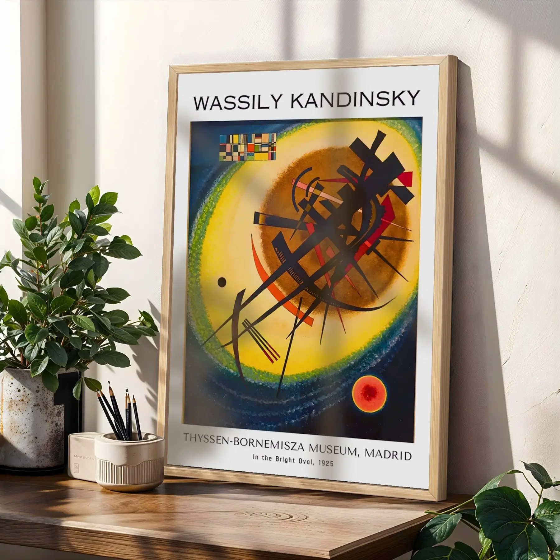 Kandinsky Soyut Geometrik Sanat Doğal Ahşap Çerçeveli 3lü Tablo Seti