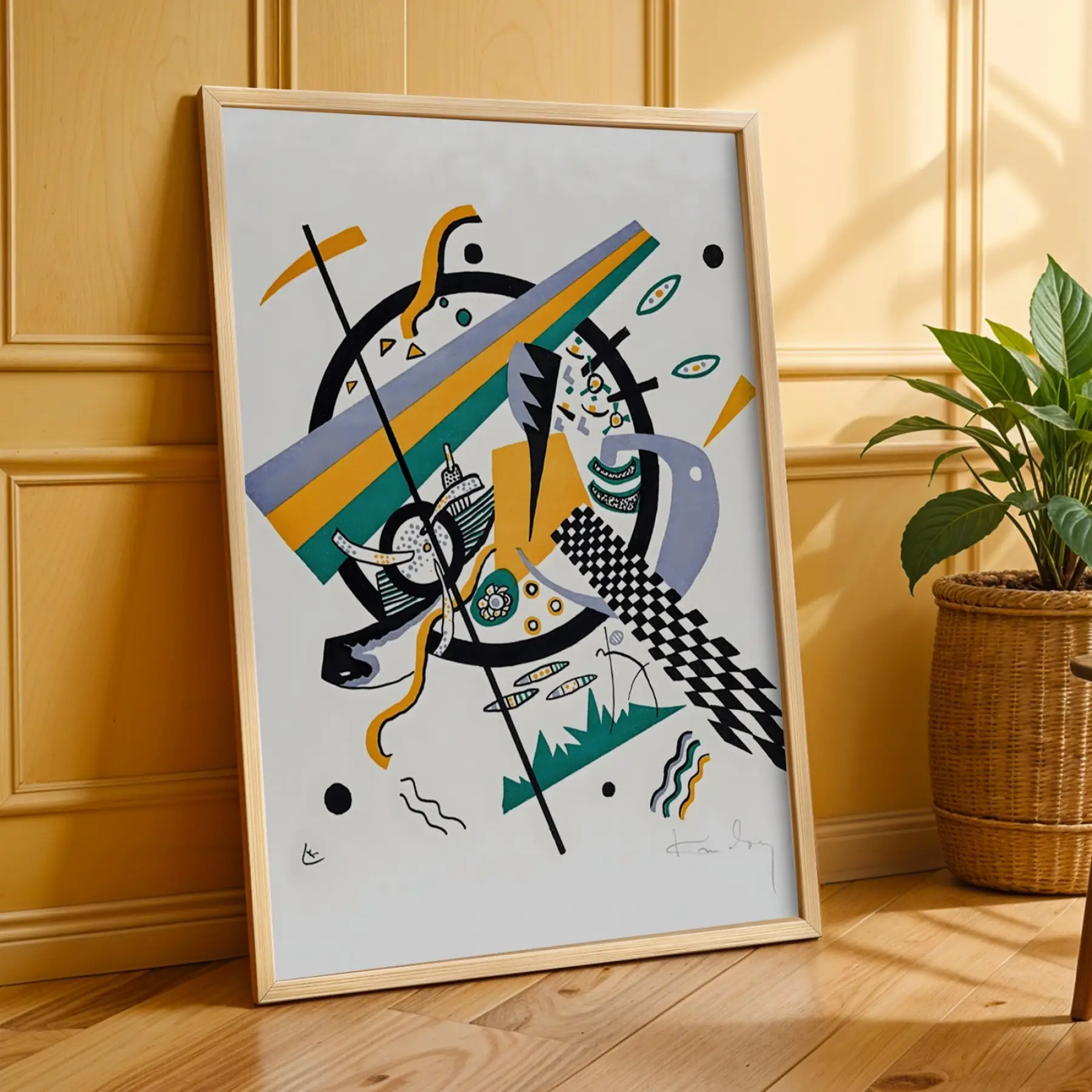 Kandinsky Dinamik Soyutlar Doğal Ahşap Çerçeveli 3lü Tablo Seti