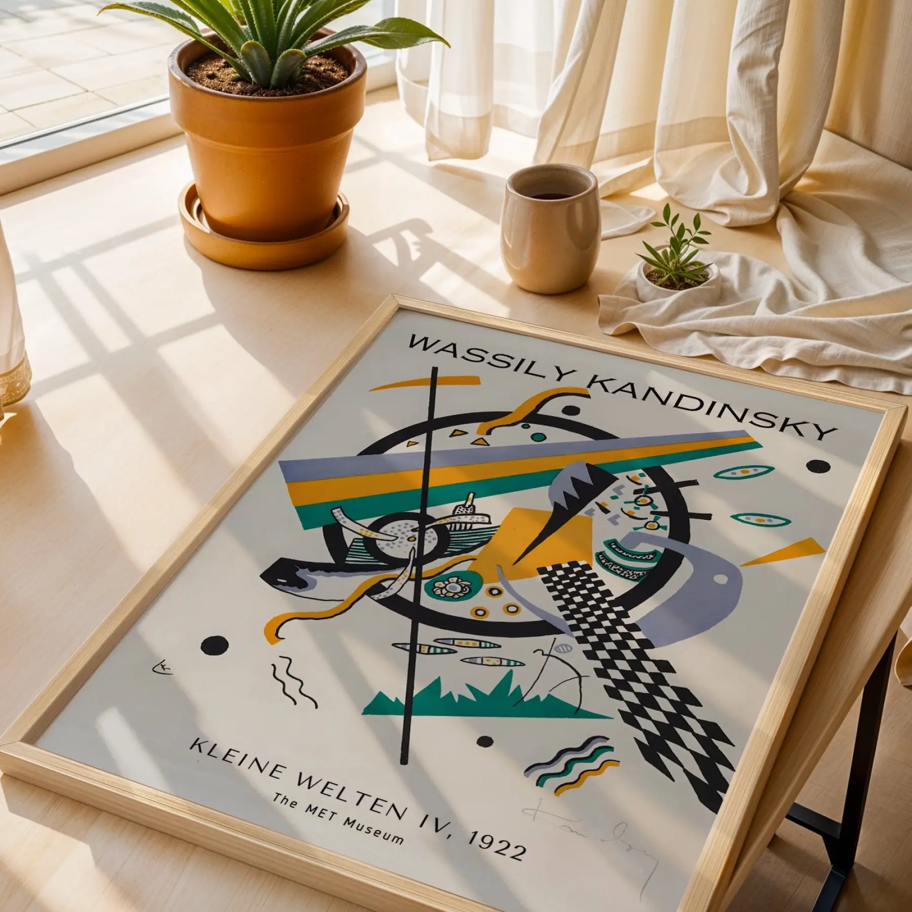 Kandinsky Dinamik Soyutlar Doğal Ahşap Çerçeveli 3lü Tablo Seti