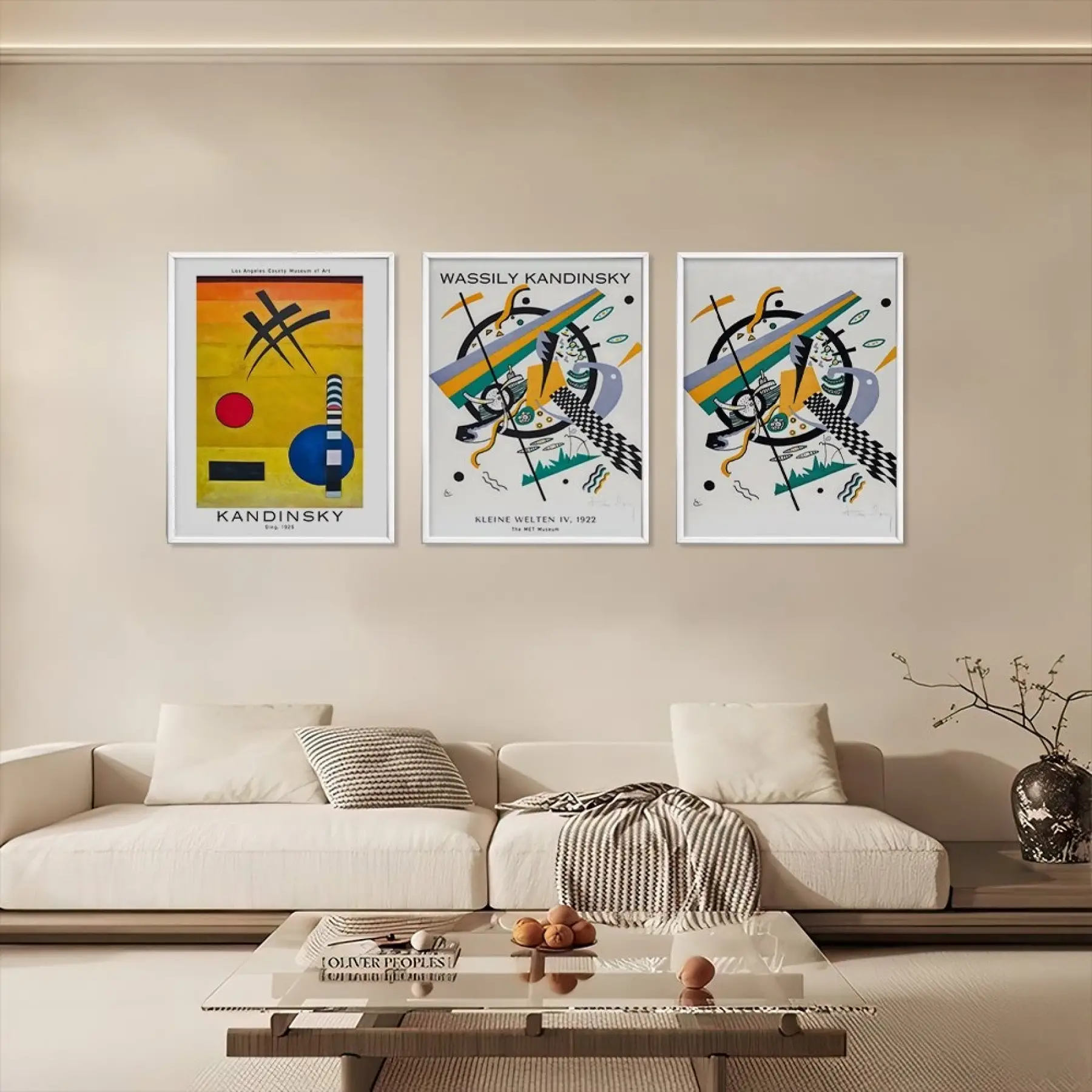 Kandinsky Dinamik Soyutlar Beyaz Çerçeveli 3lü Ahşap Tablo Seti
