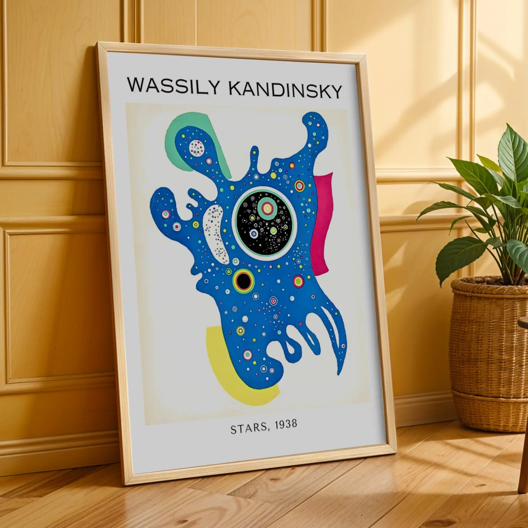 Kandinsky Soyut Kompozisyon Doğal Ahşap Çerçeveli 3lü Tablo Seti