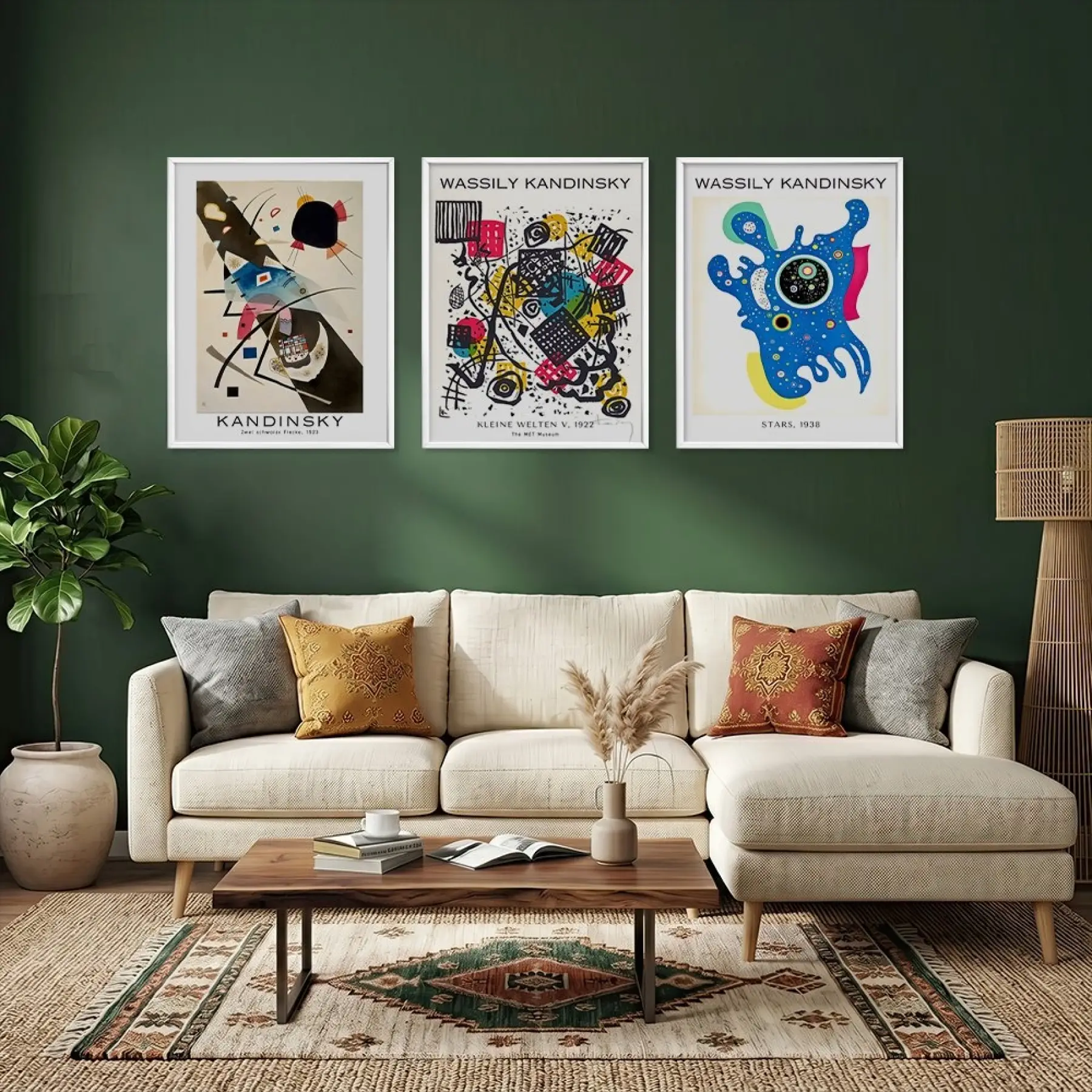Kandinsky Soyut Kompozisyon Beyaz Çerçeveli 3lü Ahşap Tablo Seti