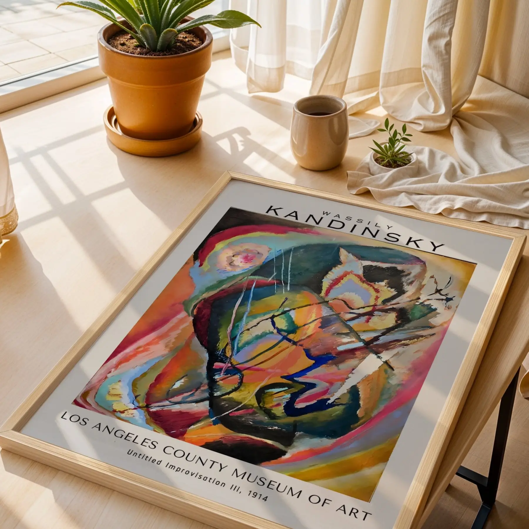 Kandinsky Soyut Dinamikler Doğal Ahşap Çerçeveli 3lü Tablo Seti