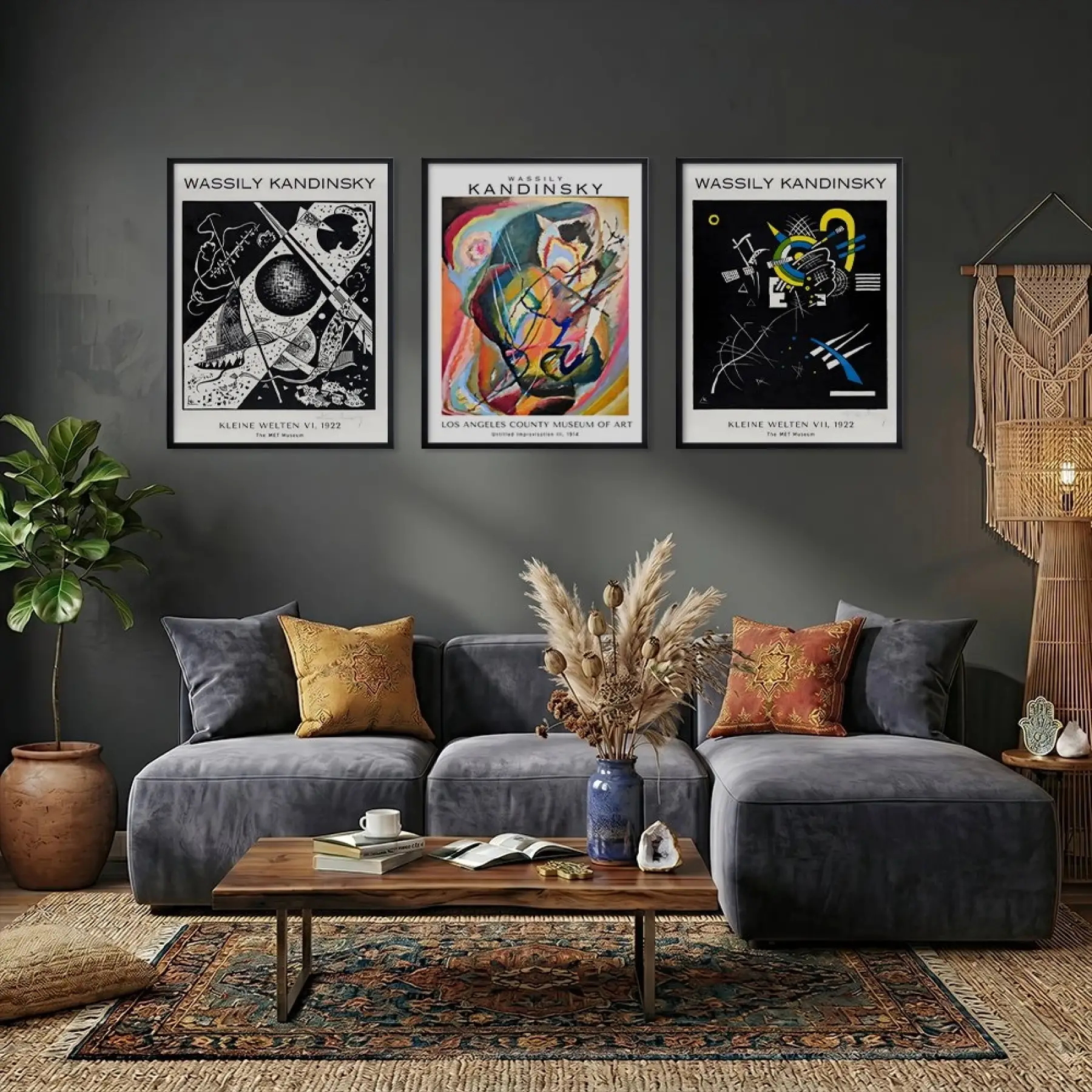 Kandinsky Soyut Dinamikler Siyah Çerçeveli 3lü Ahşap Tablo Seti