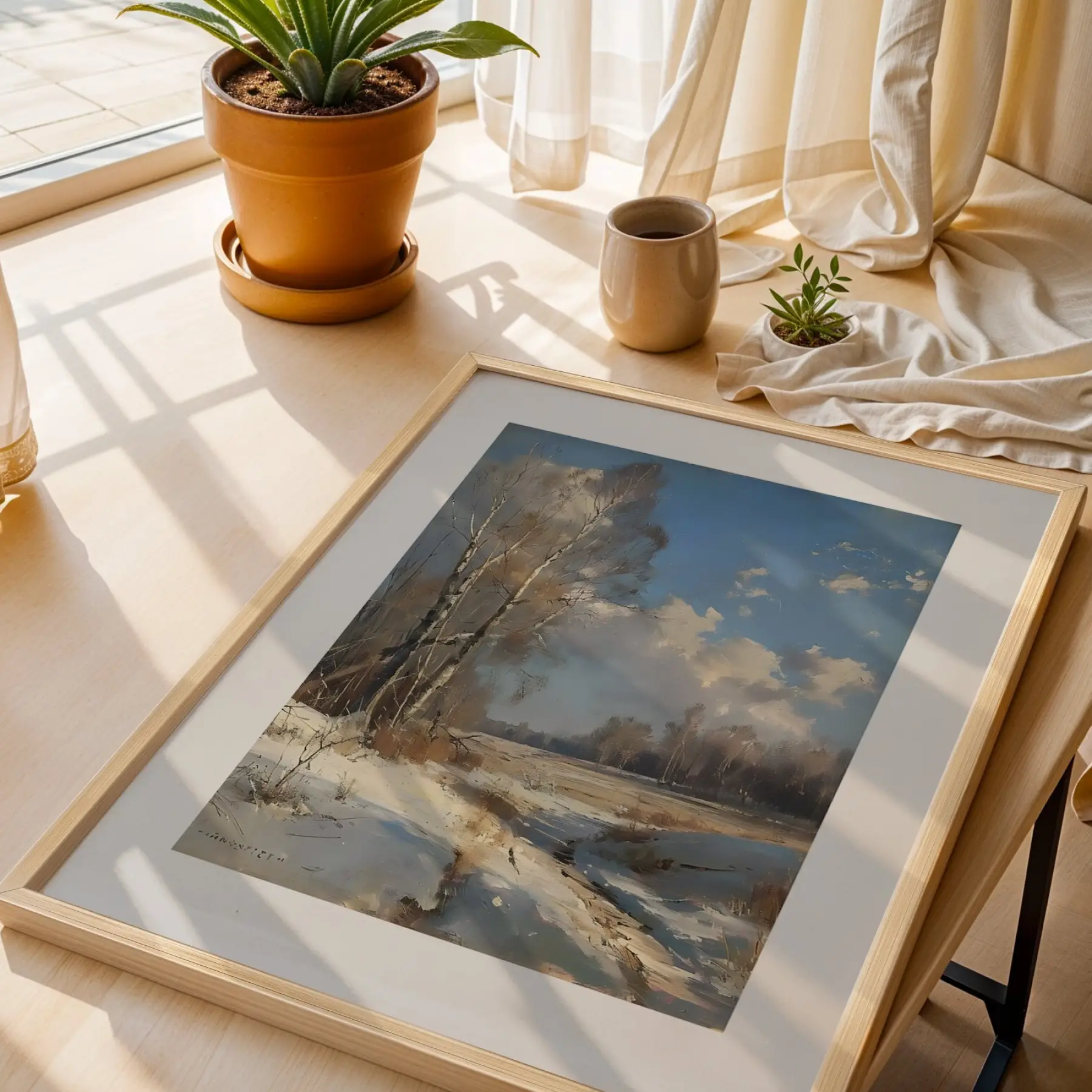 İris Kış Figüratif Sanat Seti Doğal Ahşap Çerçeveli 3lü Tablo Seti