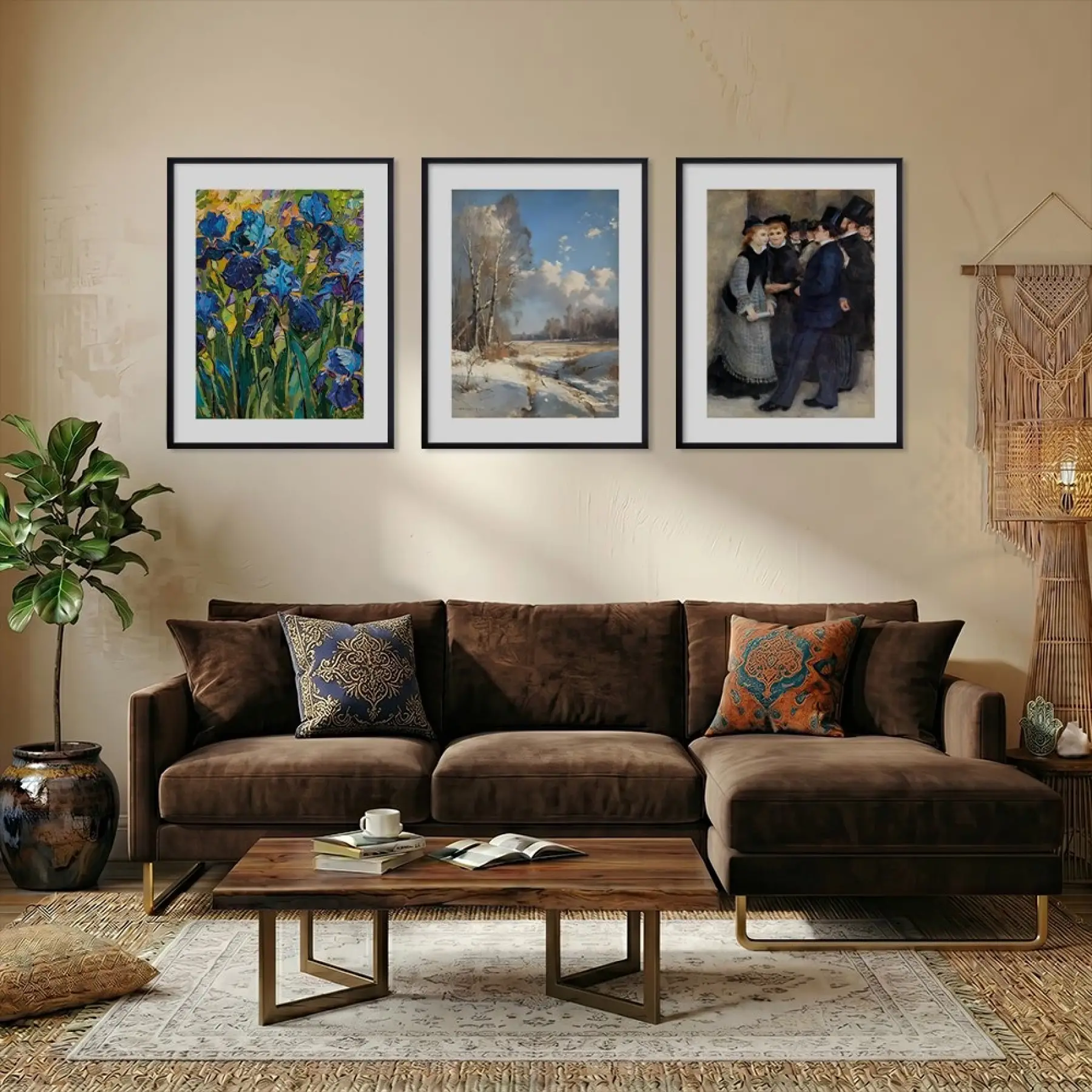 İris Kış Figüratif Sanat Seti Siyah Çerçeveli 3lü Ahşap Tablo Seti