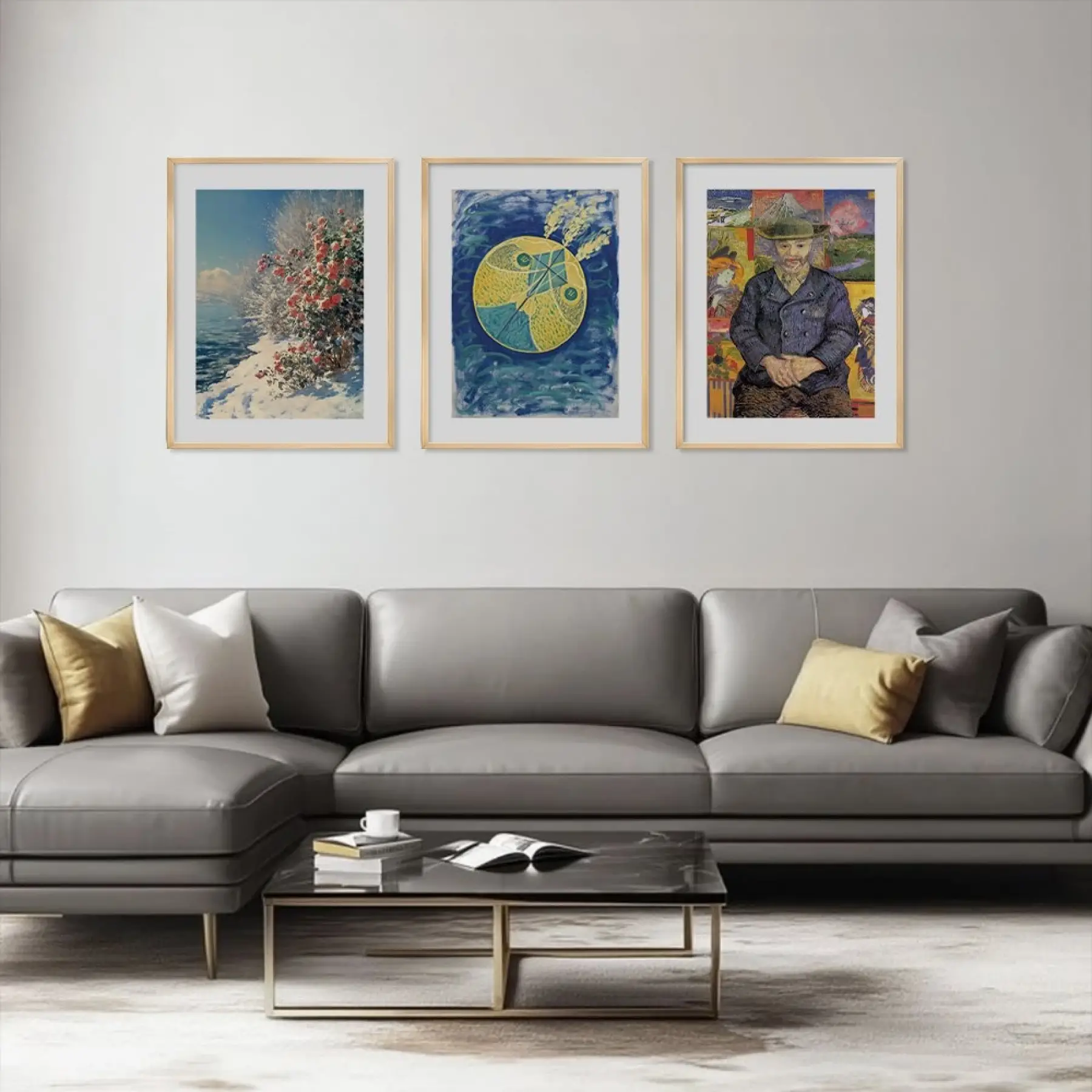 Diverjan Sanat Üçlüsü Doğal Ahşap Çerçeveli 3lü Tablo Seti