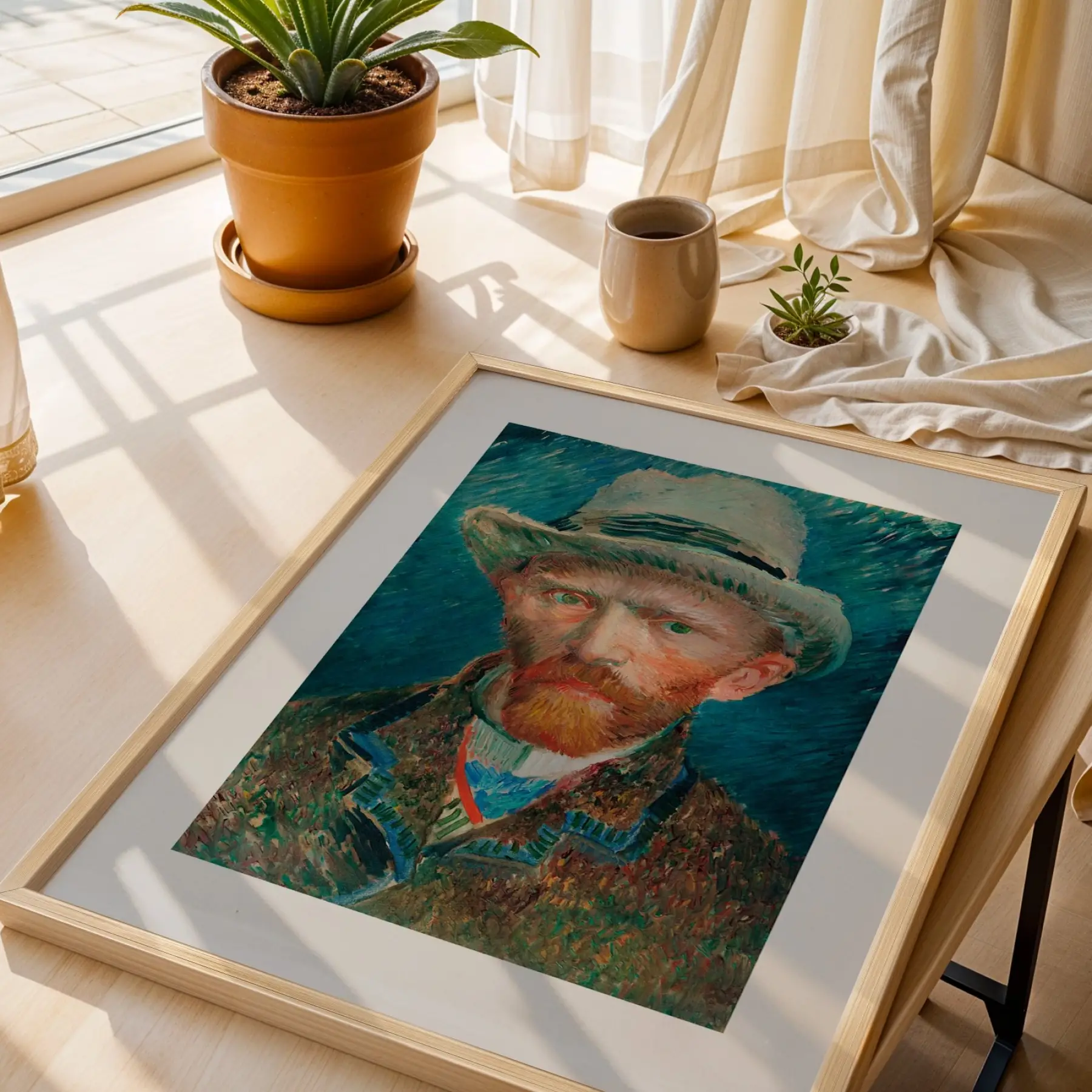 Van Gogh Derin Mavi Koleksiyon Doğal Ahşap Çerçeveli 3lü Tablo Seti