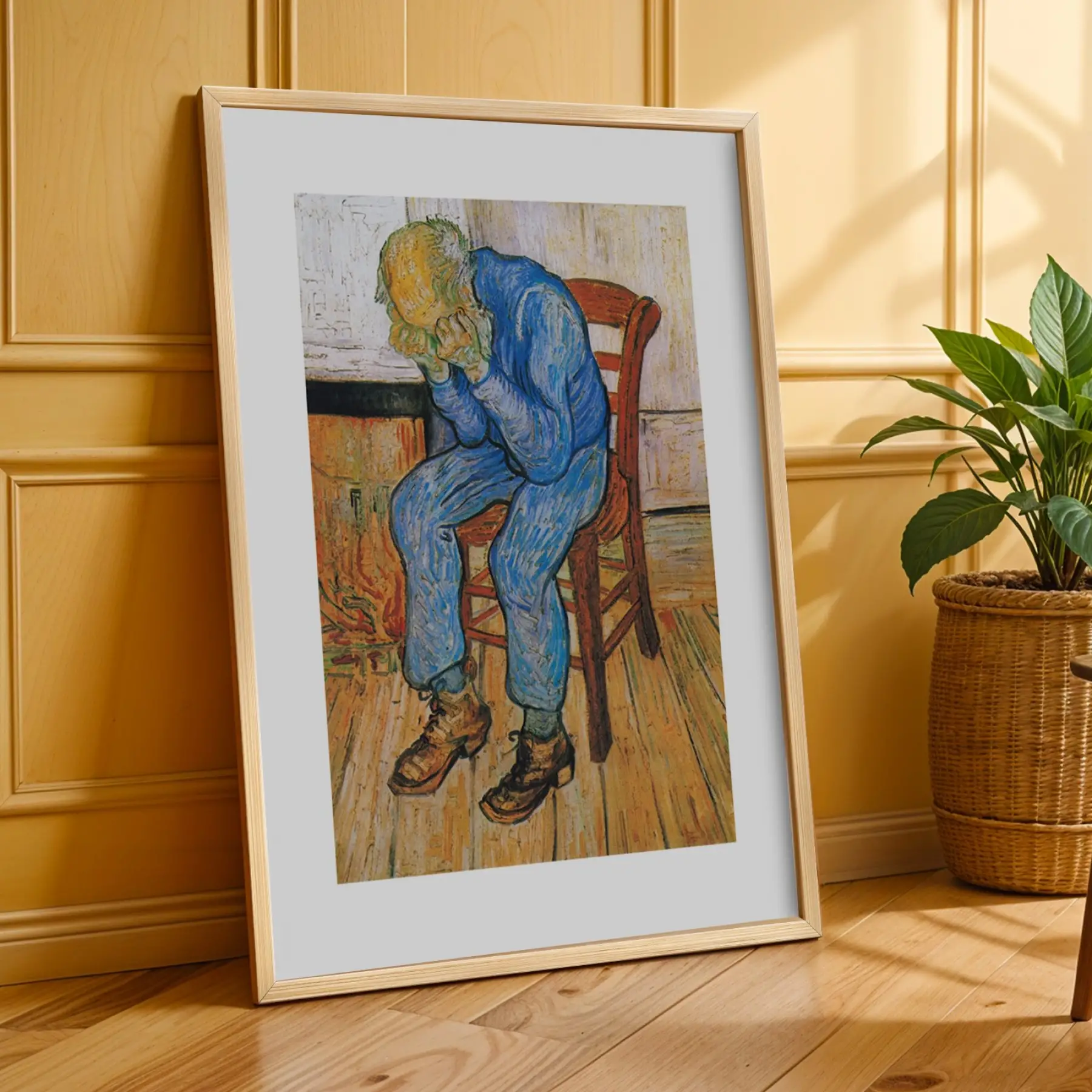 Van Gogh Derin Mavi Koleksiyon Doğal Ahşap Çerçeveli 3lü Tablo Seti