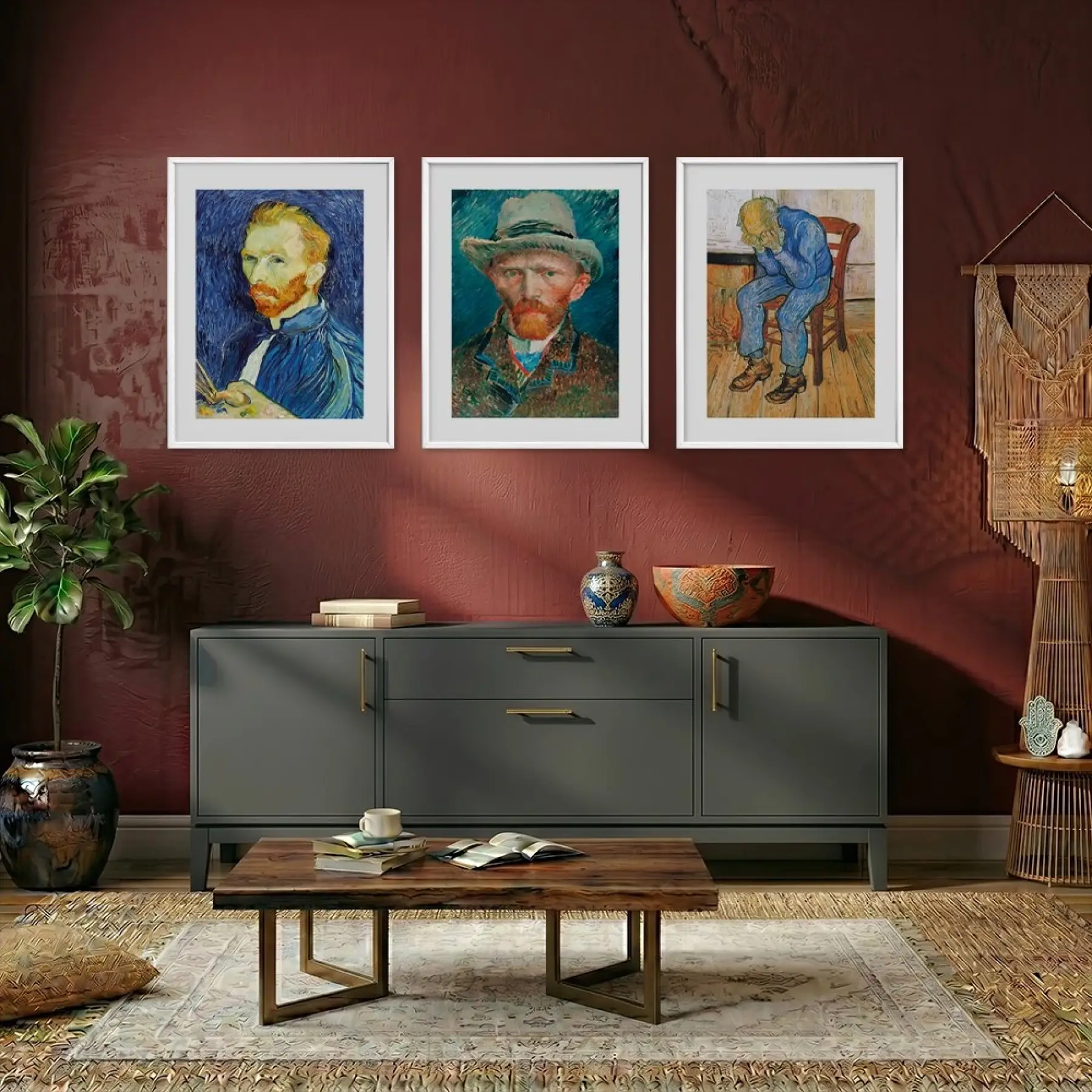 Van Gogh Derin Mavi Koleksiyon Beyaz Çerçeveli 3lü Ahşap Tablo Seti