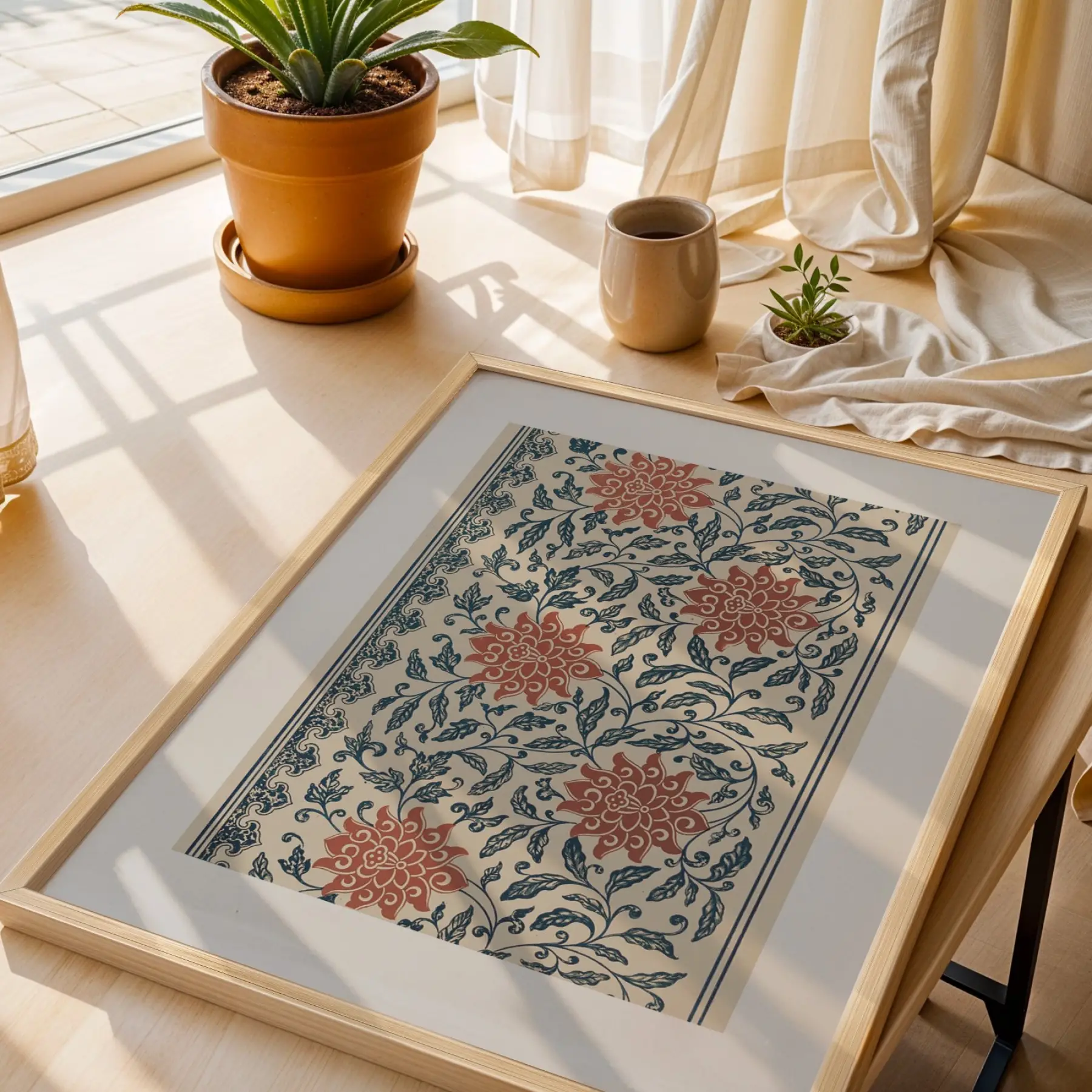 Koyu Mavi Terracotta Desen Üçlüsü Doğal Ahşap Çerçeveli 3lü Tablo Seti