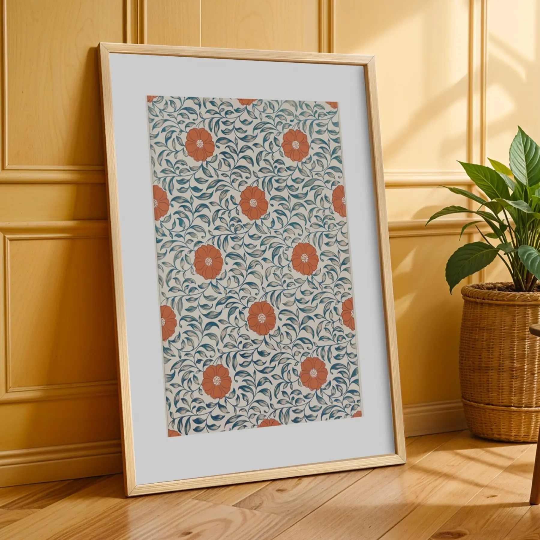 Koyu Mavi Terracotta Desen Üçlüsü Doğal Ahşap Çerçeveli 3lü Tablo Seti