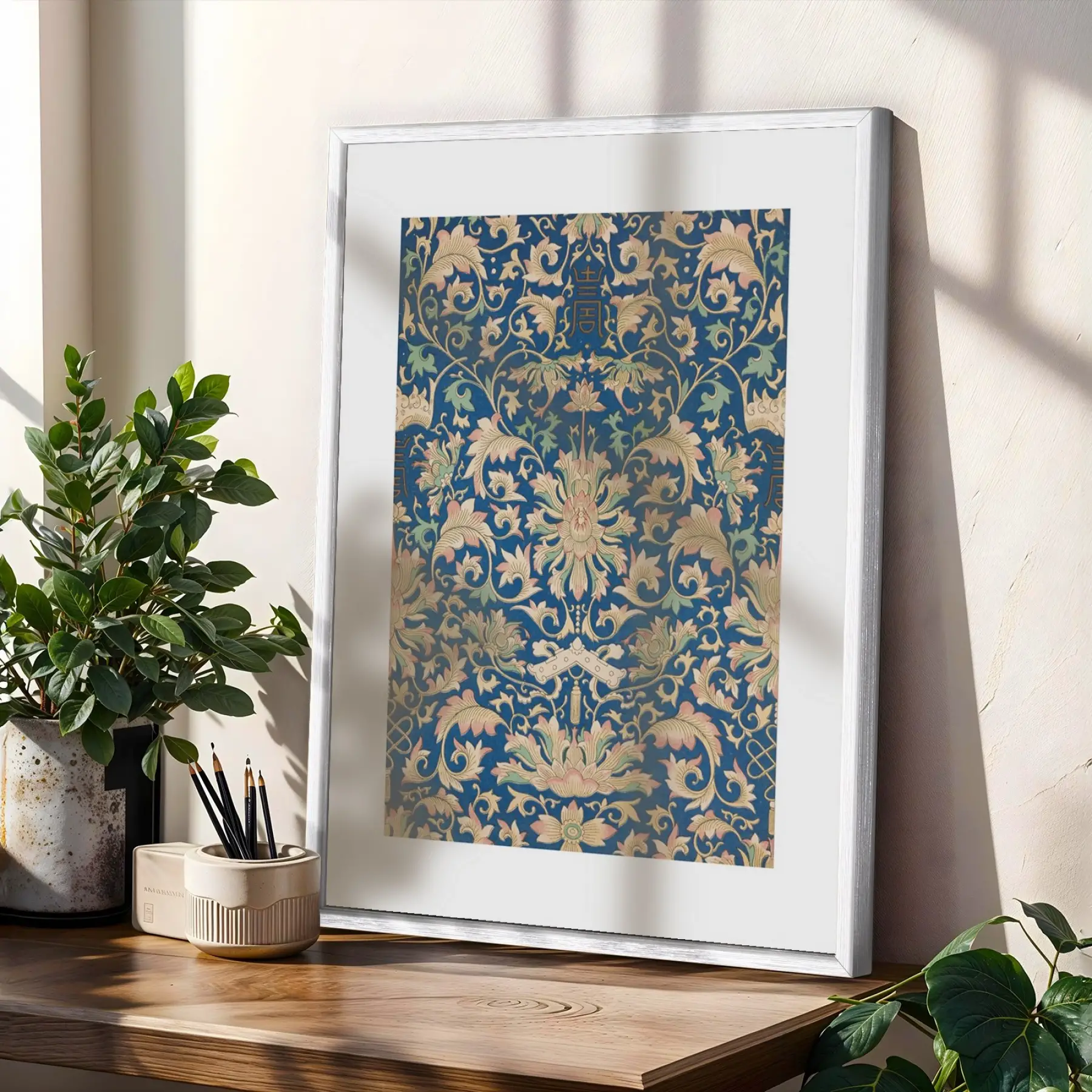 Koyu Mavi Terracotta Desen Üçlüsü Beyaz Çerçeveli 3lü Ahşap Tablo Seti