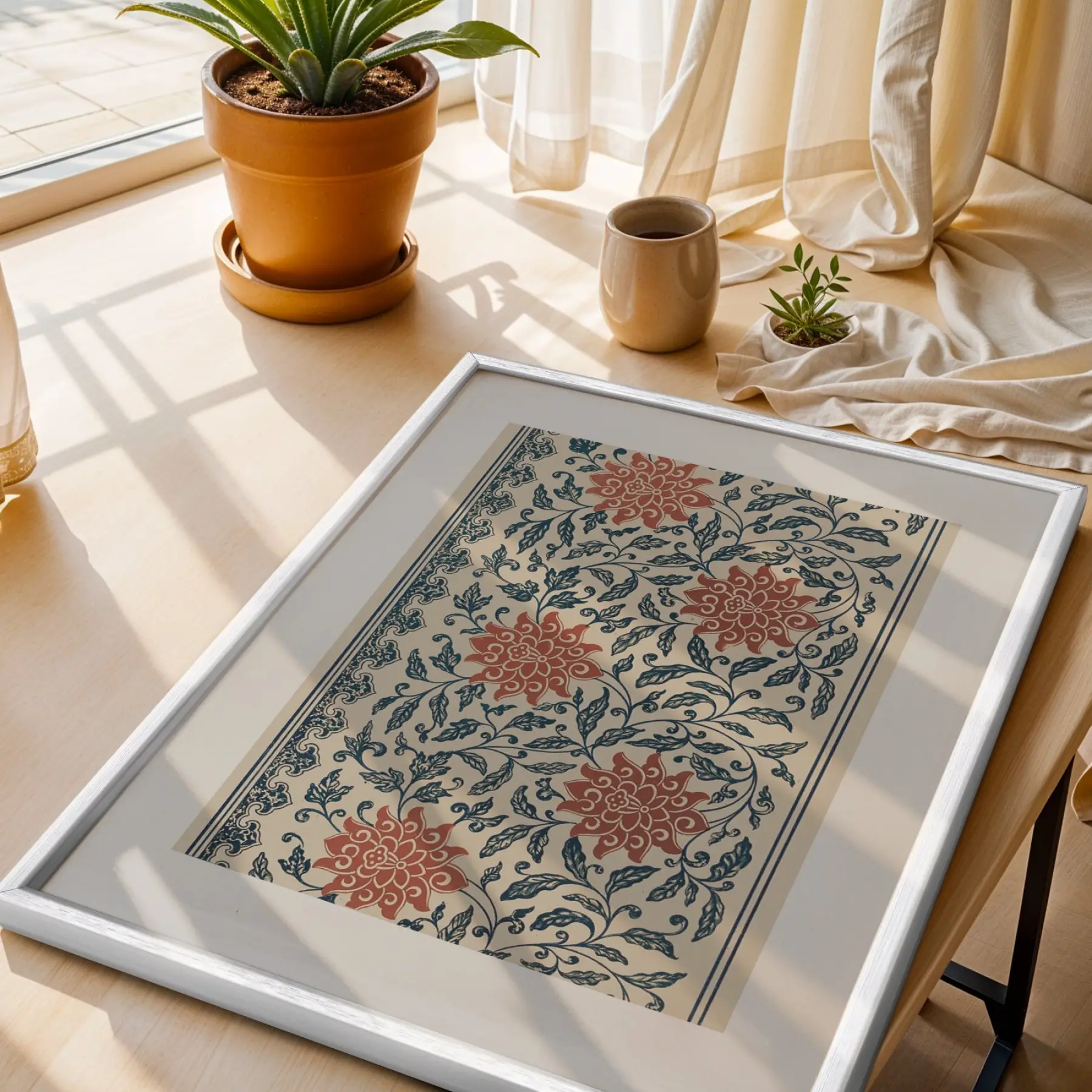 Koyu Mavi Terracotta Desen Üçlüsü Beyaz Çerçeveli 3lü Ahşap Tablo Seti