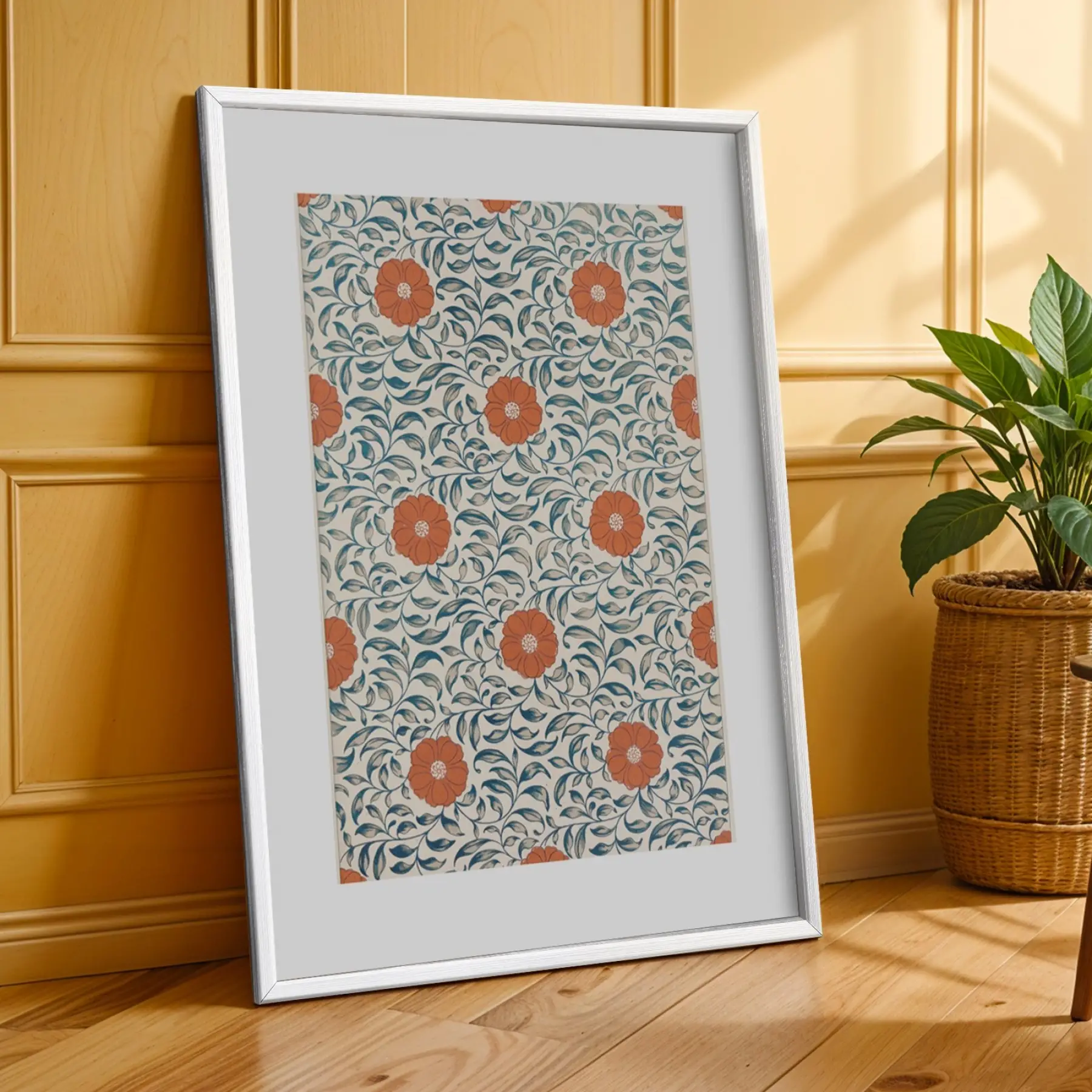 Koyu Mavi Terracotta Desen Üçlüsü Beyaz Çerçeveli 3lü Ahşap Tablo Seti
