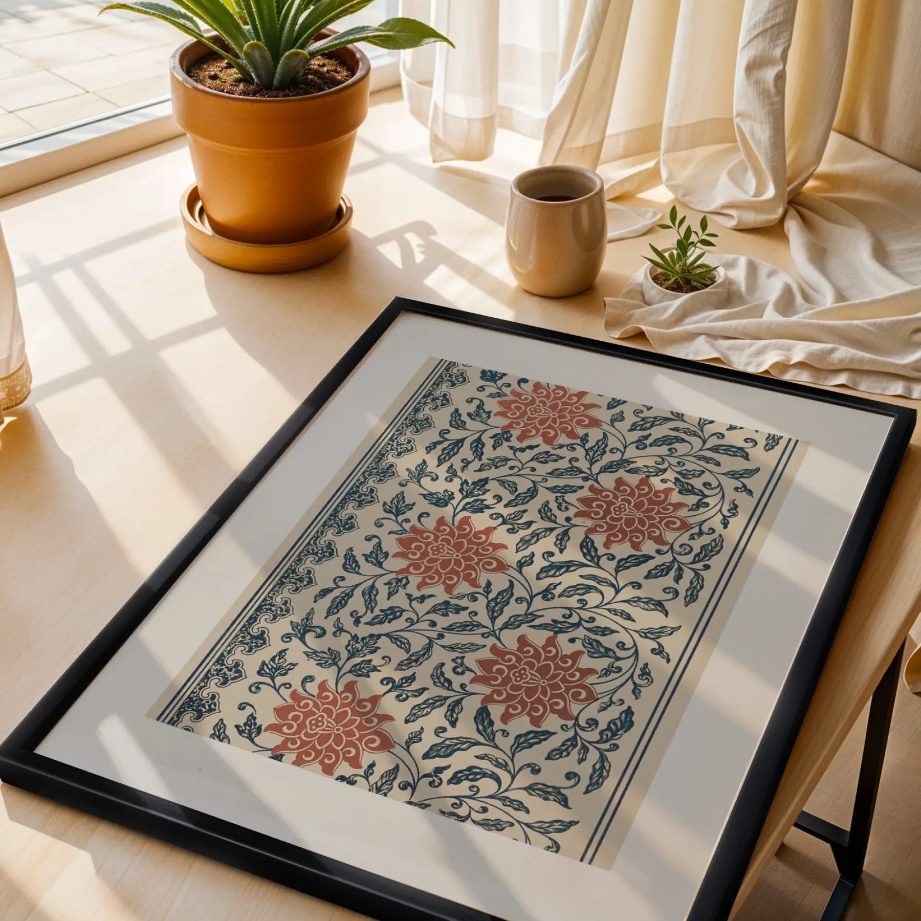 Koyu Mavi Terracotta Desen Üçlüsü Siyah Çerçeveli 3lü Ahşap Tablo Seti