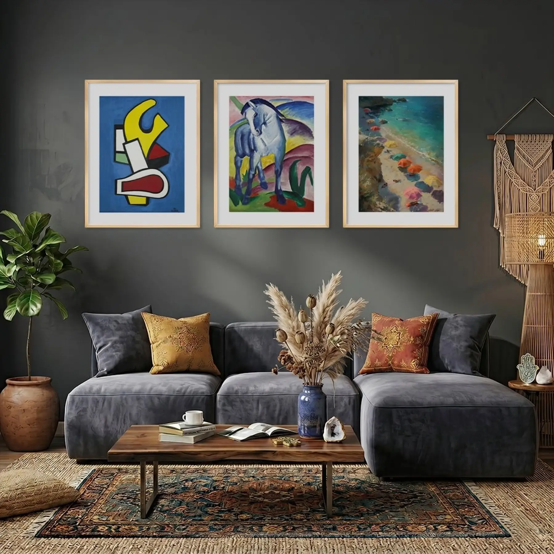Canlı Sanat Mozaiki Doğal Ahşap Çerçeveli 3lü Tablo Seti