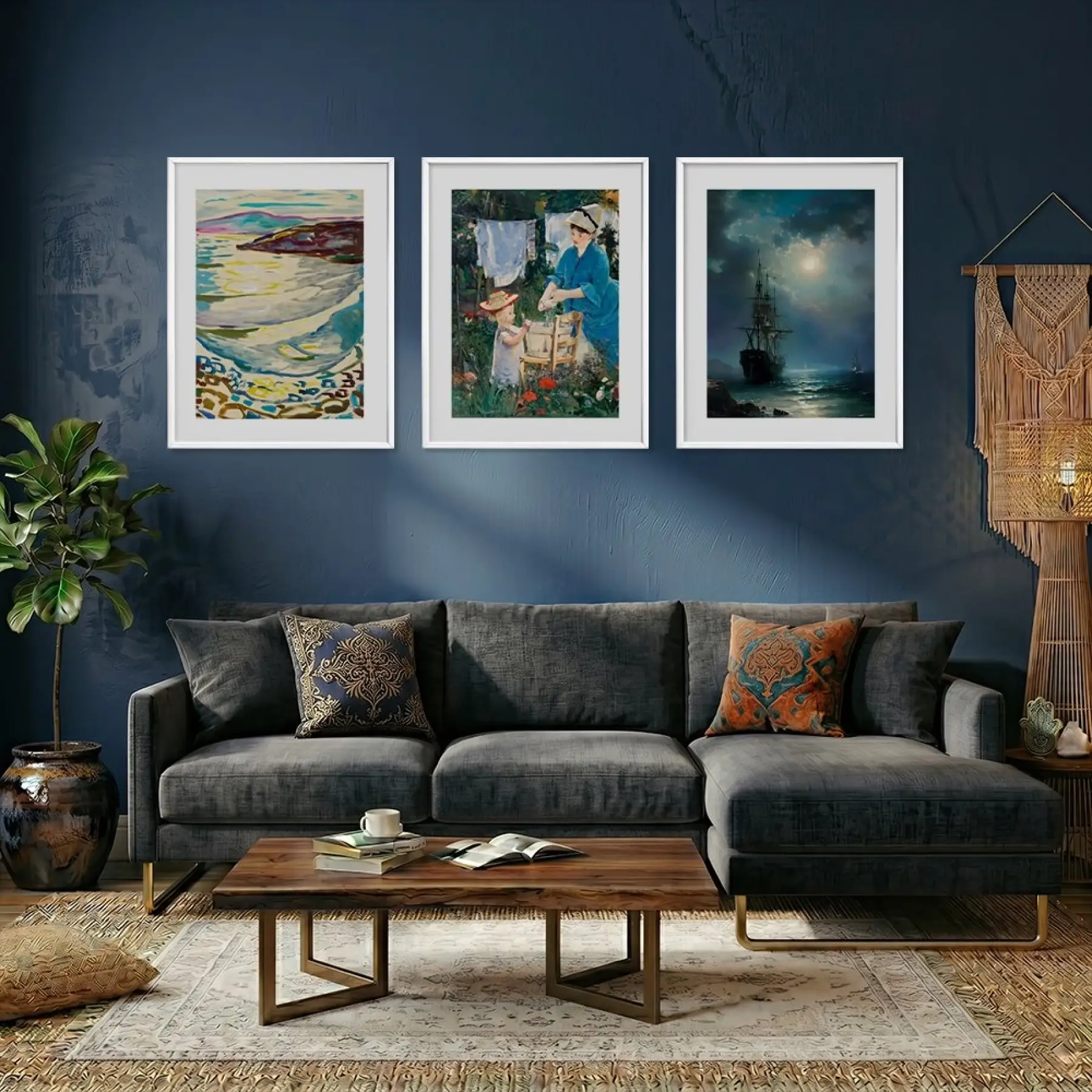 Farklı Sanat Akımları Üçlüsü Beyaz Çerçeveli 3lü Ahşap Tablo Seti