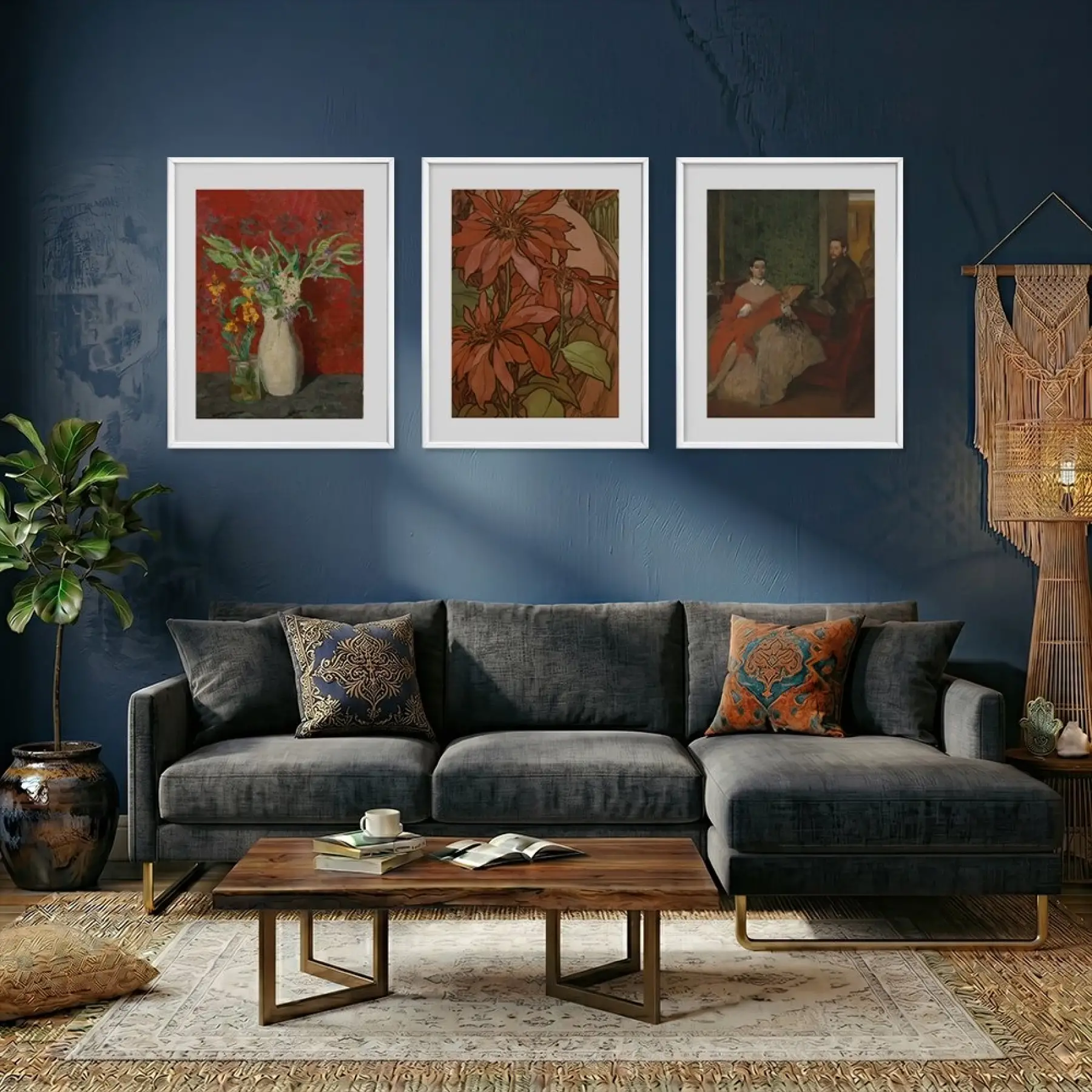 Derin Tonlar Sanat Koleksiyonu Beyaz Çerçeveli 3lü Ahşap Tablo Seti