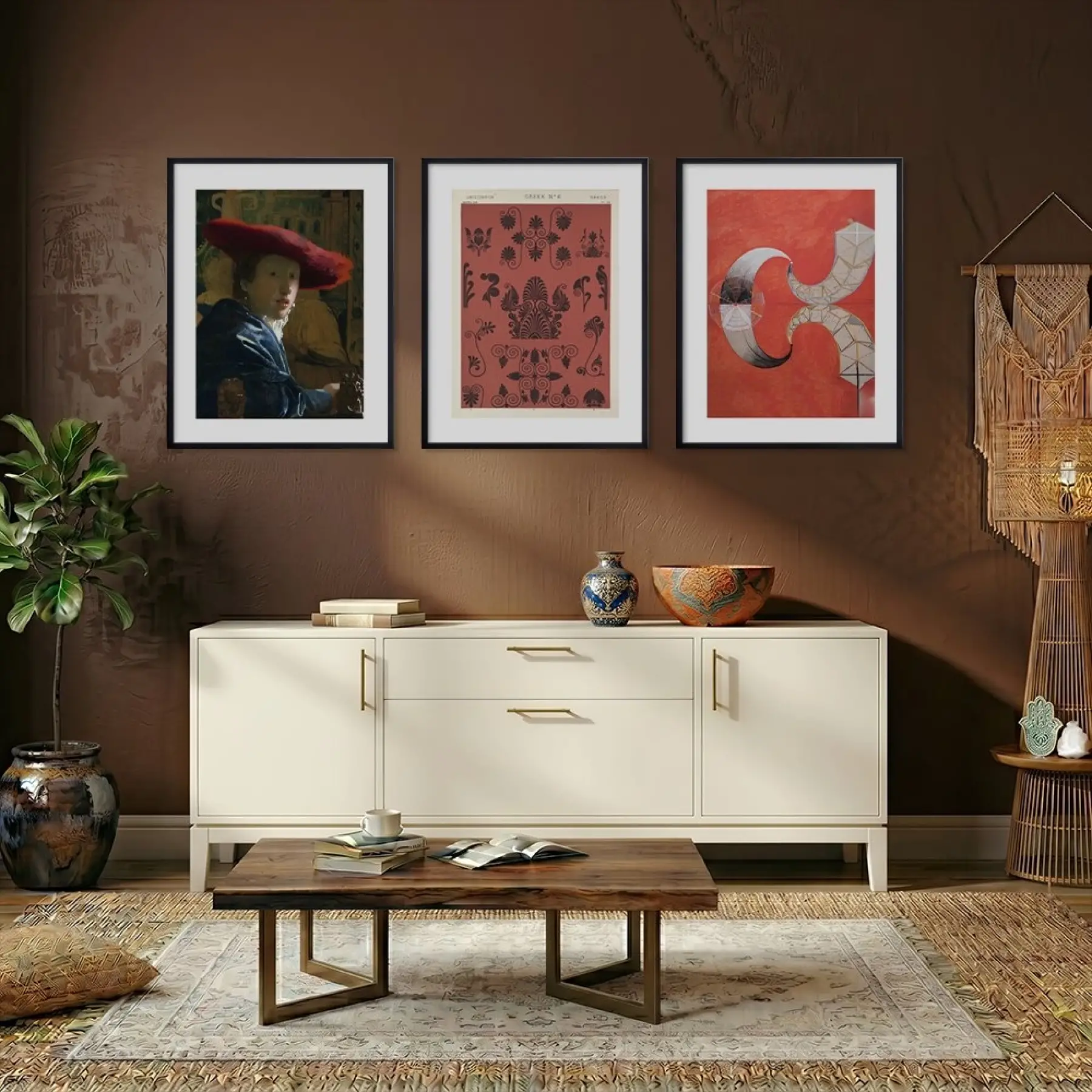 Kızıl Tonlar Sanat Seçkisi Siyah Çerçeveli 3lü Ahşap Tablo Seti
