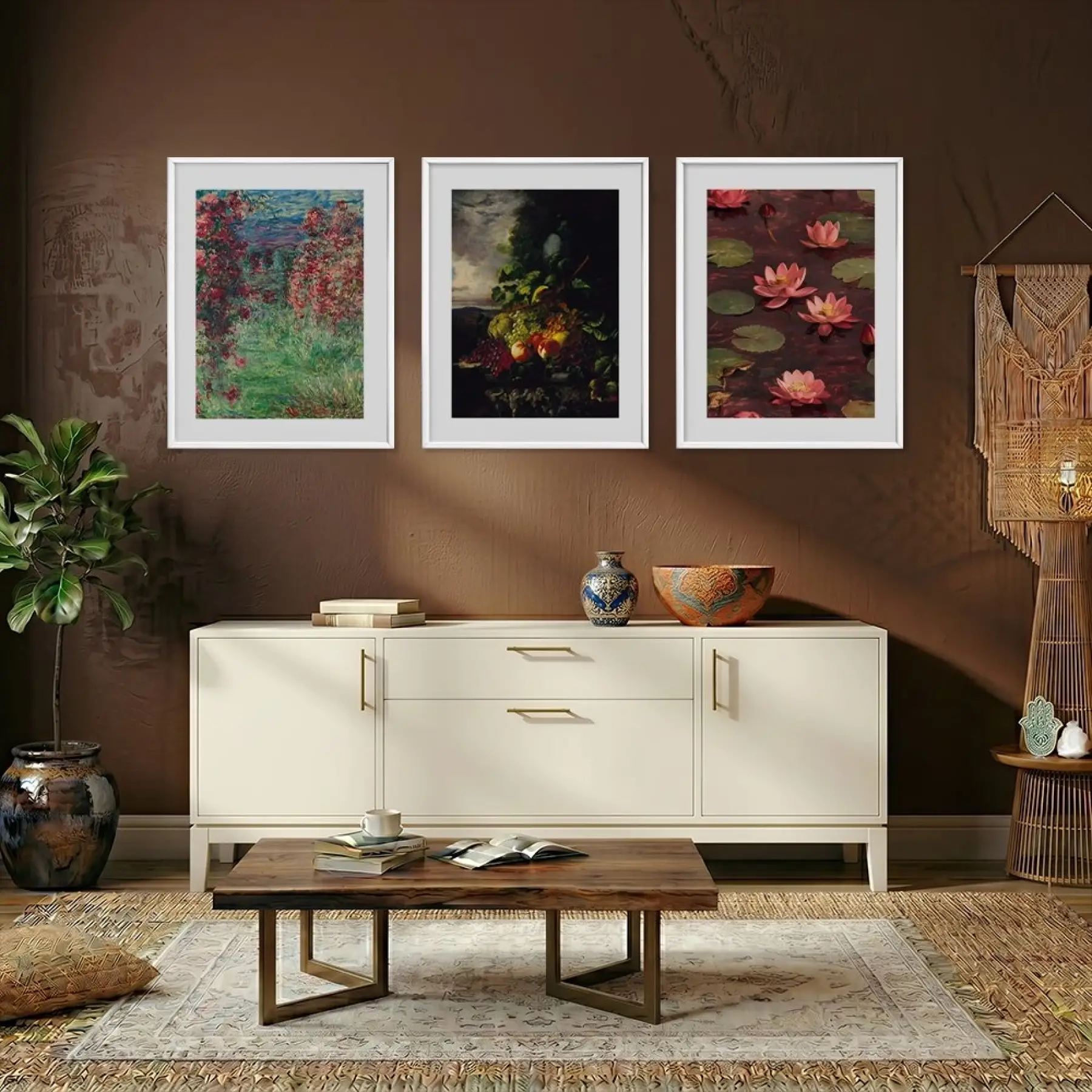 Klasik Botanik Sanat Seçkisi Beyaz Çerçeveli 3lü Ahşap Tablo Seti