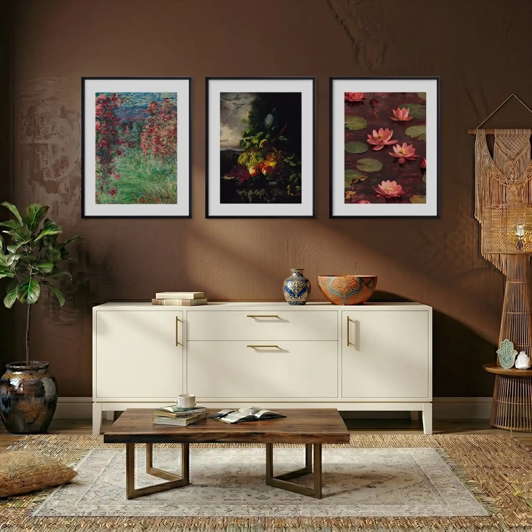 Klasik Botanik Sanat Seçkisi Siyah Çerçeveli 3lü Ahşap Tablo Seti