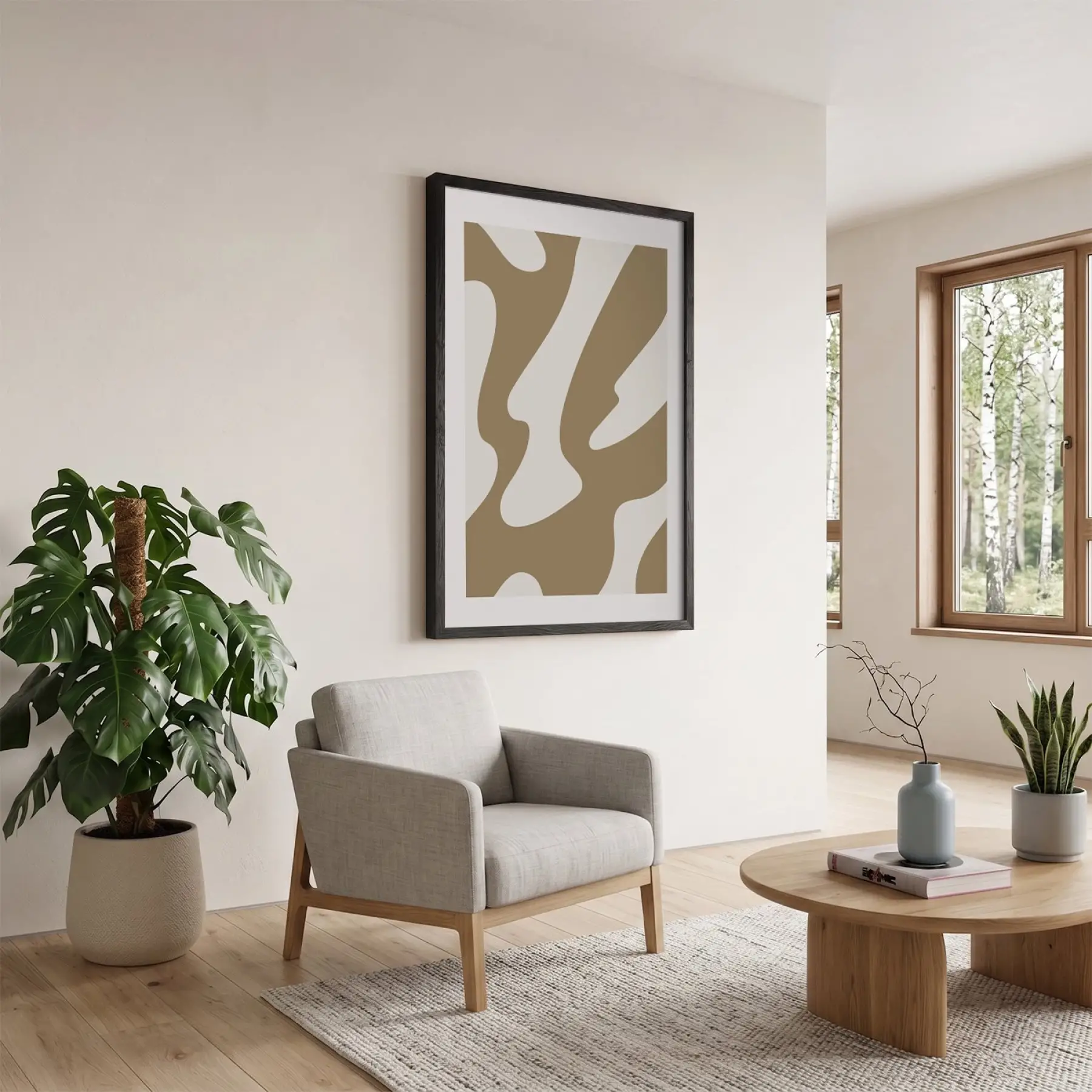 Kum Beji Akışkan Desen Siyah Ahşap Çerçeveli Tablo Ev Aksesuarları Modern Sanat İç