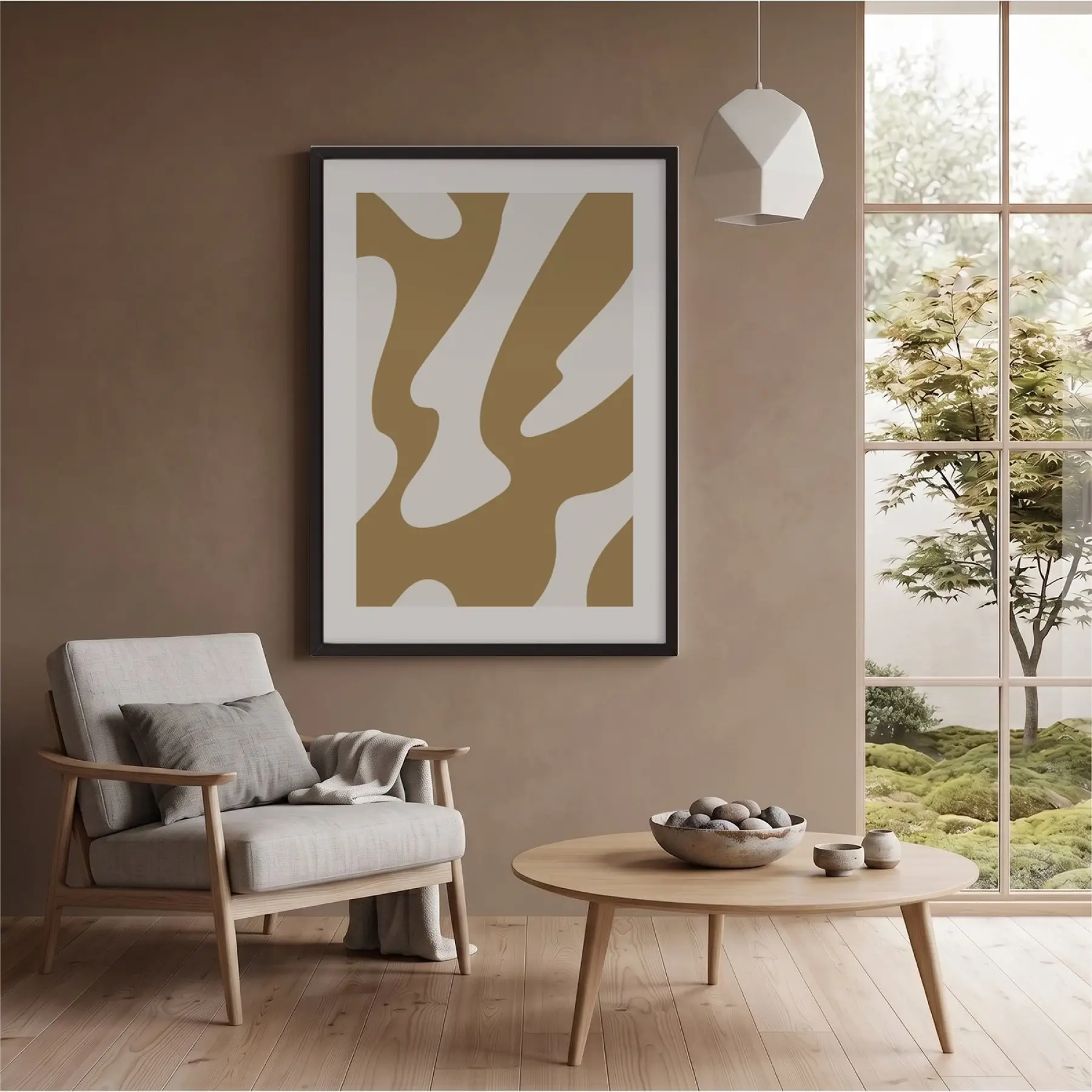 Kum Beji Akışkan Desen Siyah Ahşap Çerçeveli Tablo Ev Aksesuarları Modern Sanat İç