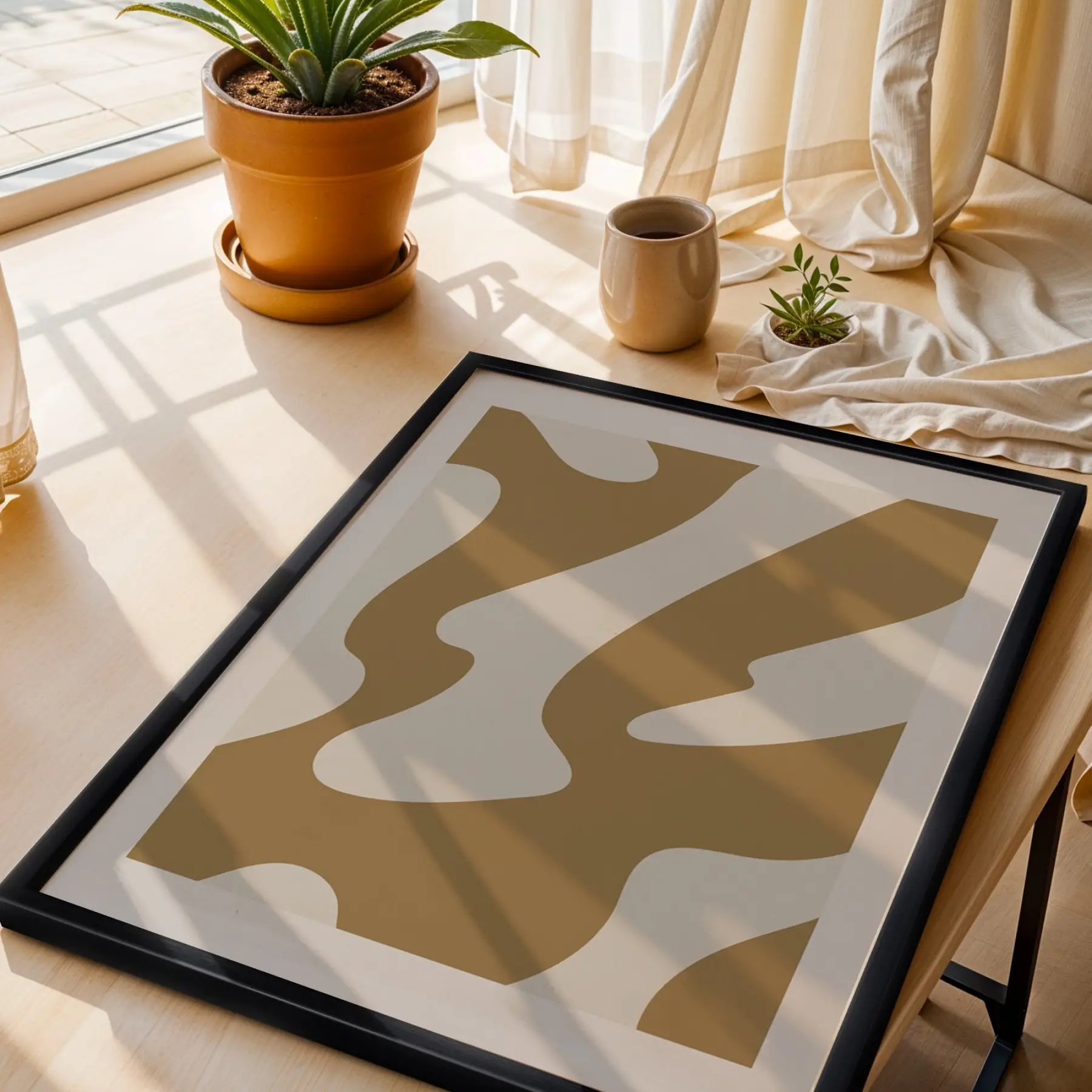 Kum Beji Akışkan Desen Siyah Ahşap Çerçeveli Tablo Ev Aksesuarları Modern Sanat İç