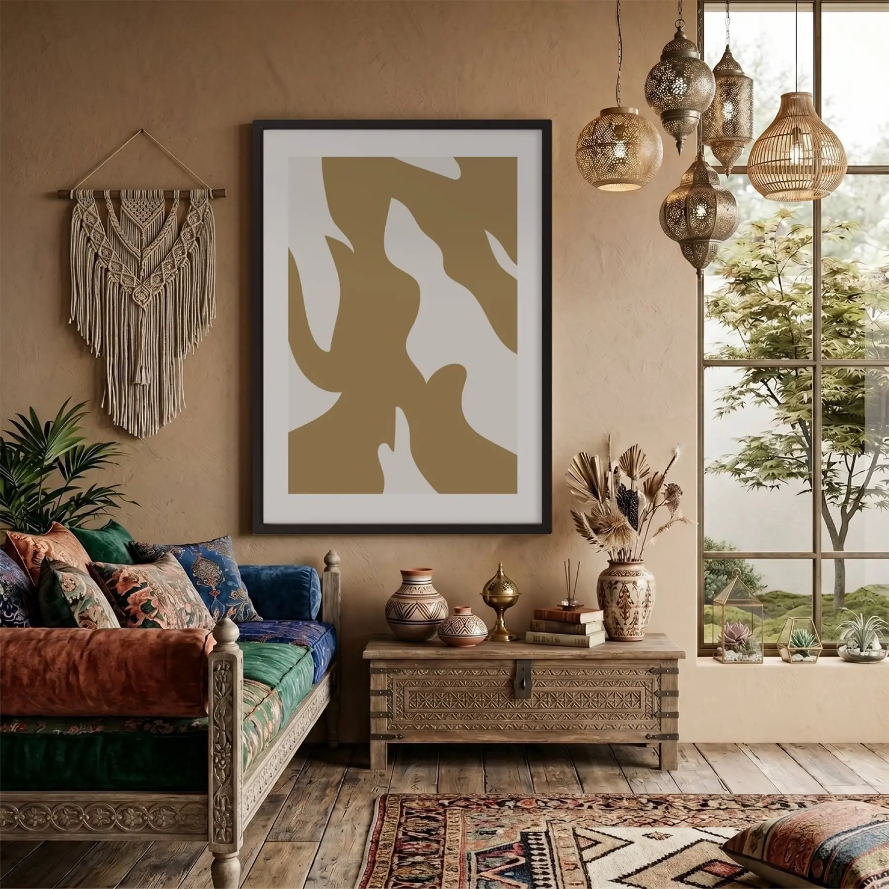 Organik Kum Beji Soyut Siyah Ahşap Çerçeveli Tablo Obje Ev Aksesuarları Modern Sanat
