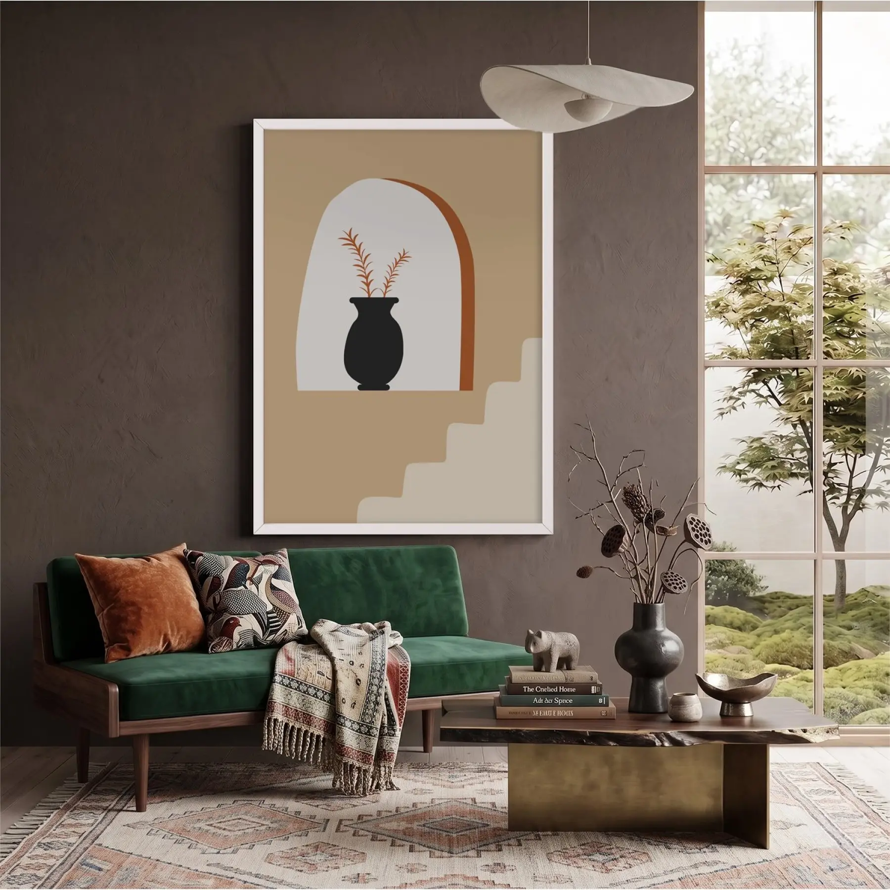 Bohem Kemer Vazo Kompozisyonu Beyaz Ahşap Çerçeveli Tablo Odası Duvar Dekoru Poster Obje