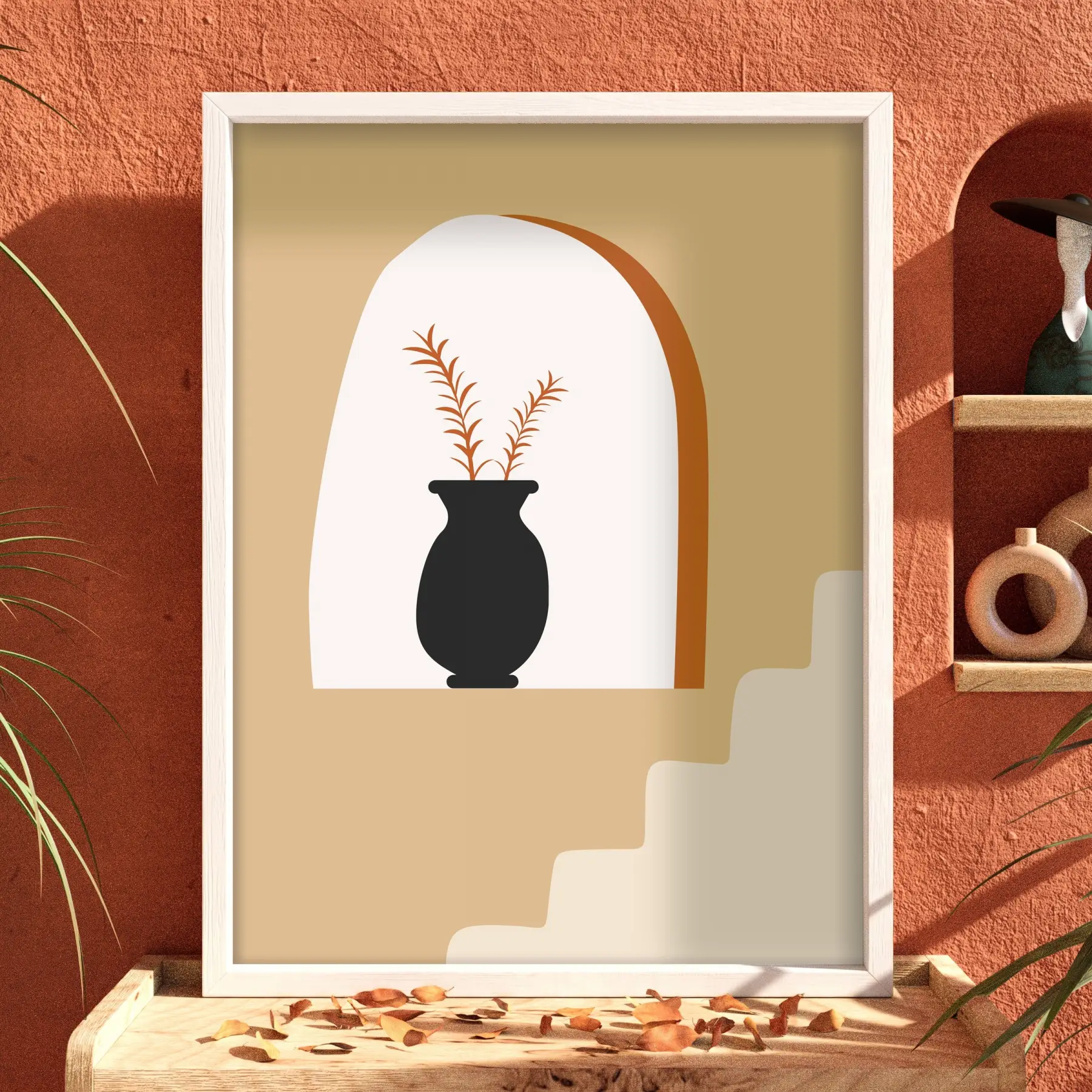 Bohem Kemer Vazo Kompozisyonu Beyaz Ahşap Çerçeveli Tablo Odası Duvar Dekoru Poster Obje