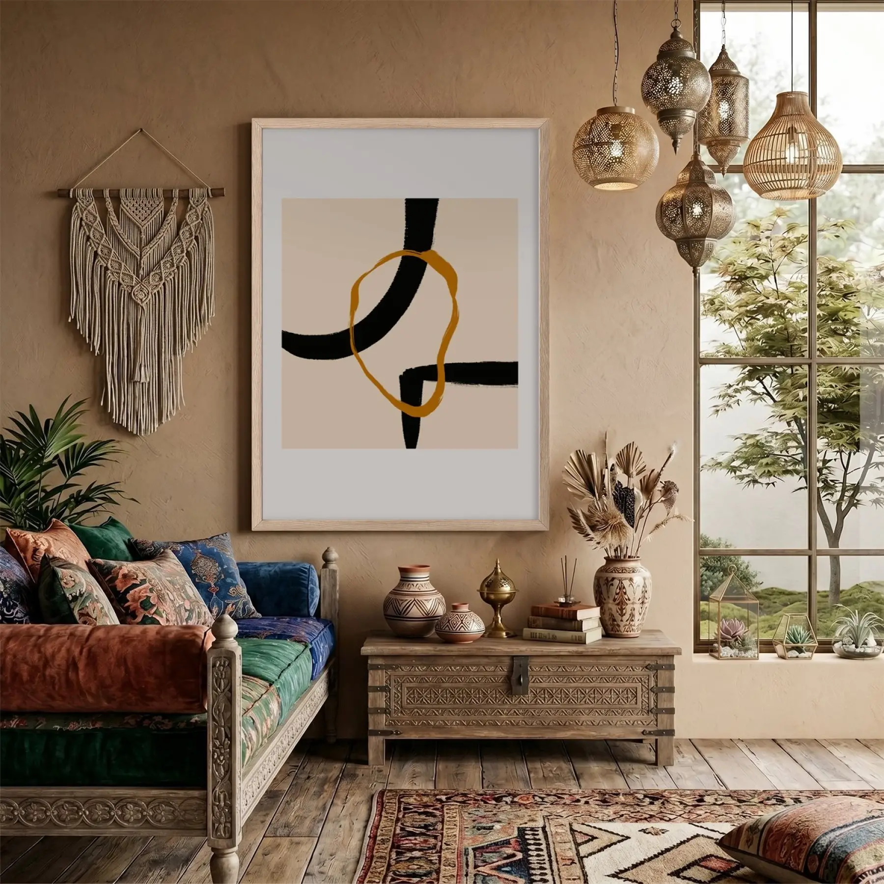 Siyah Altın Organik Form Doğal Ahşap Çerçeveli Tablo Poster Dekoratif Obje Ev Aksesuarları