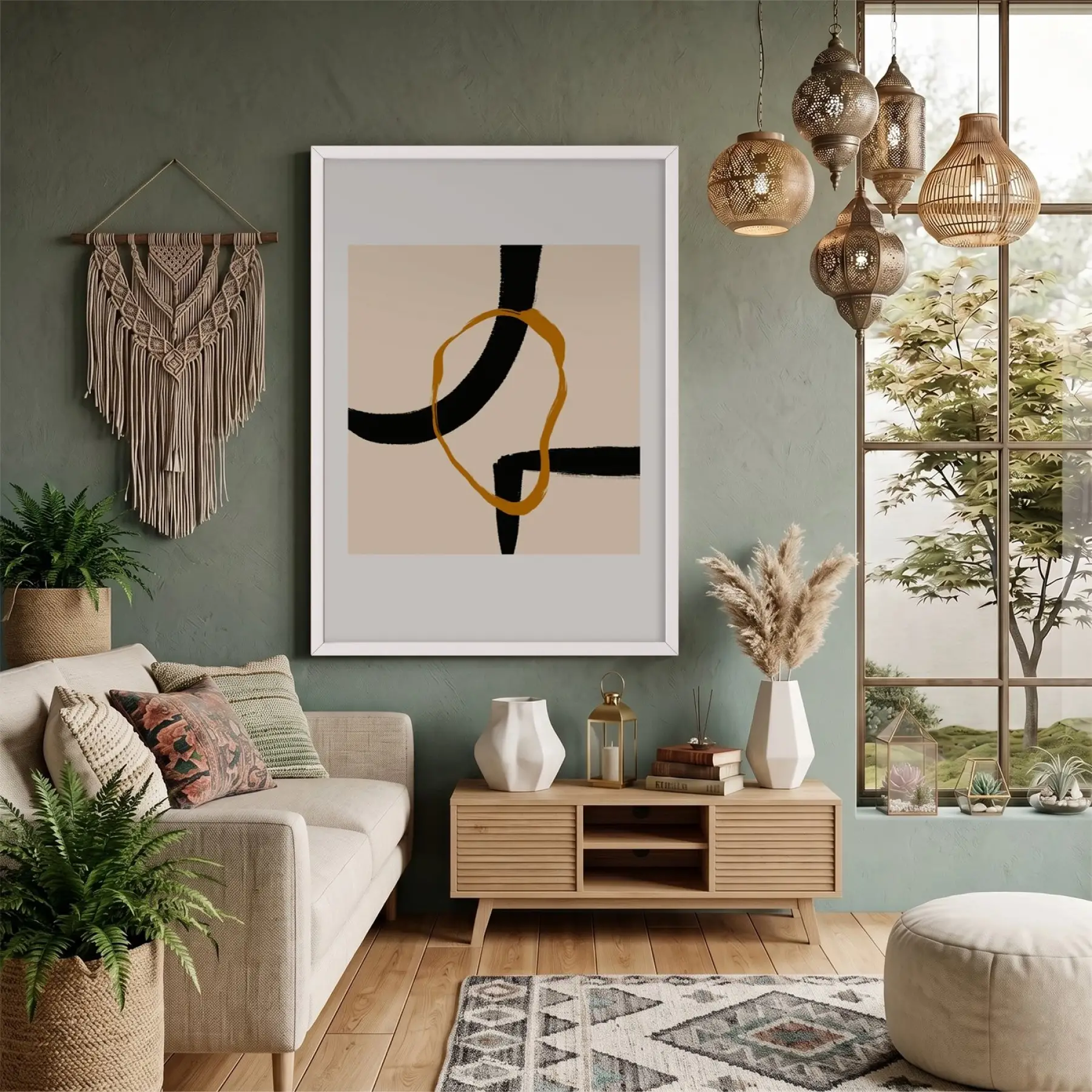 Siyah Altın Organik Form Beyaz Ahşap Çerçeveli Tablo Sanat İç Mekan Yatak Koridor