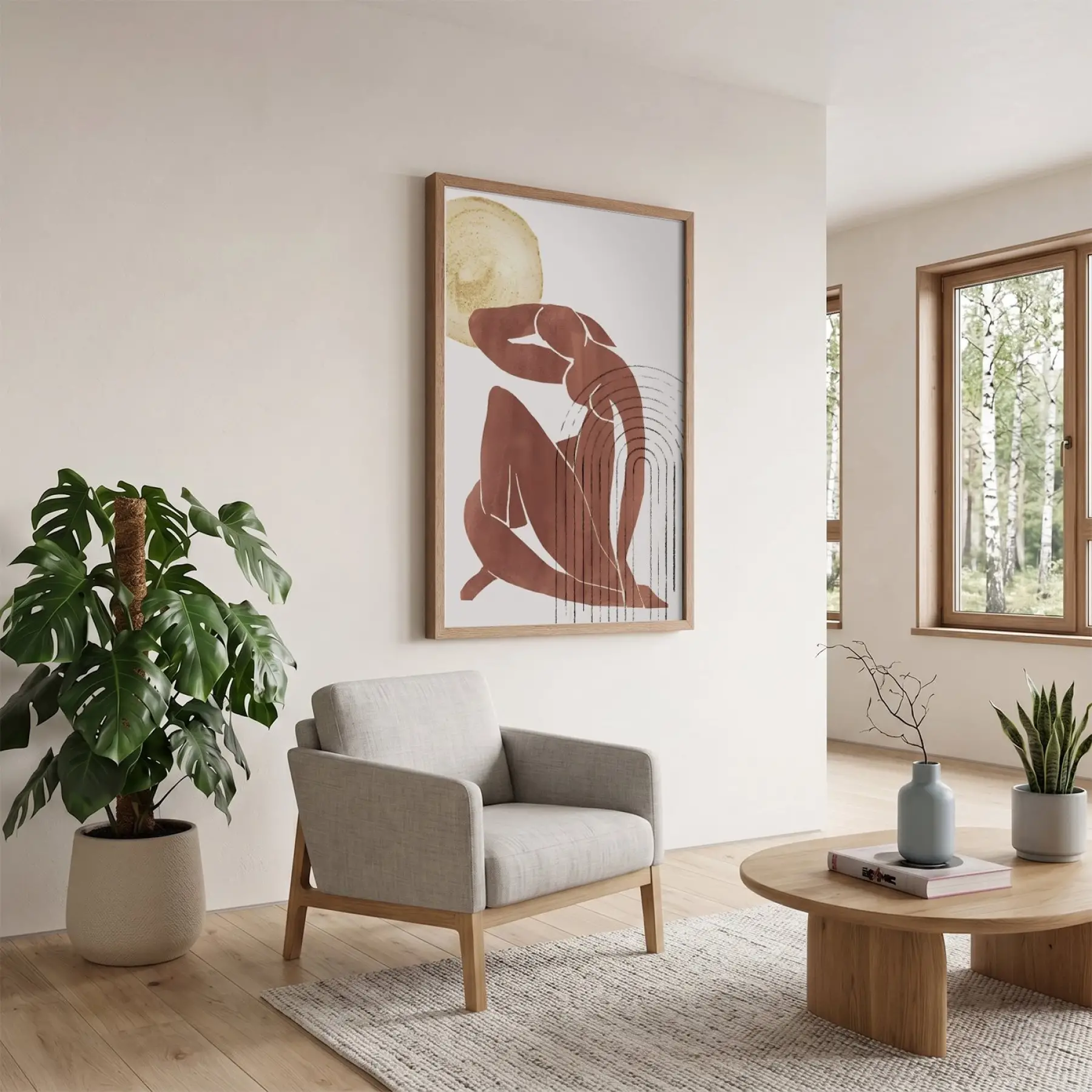 Güneşin Gölgesinde Soyut Figür Doğal Ahşap Çerçeveli Tablo Ev Aksesuarları Modern Sanat İç