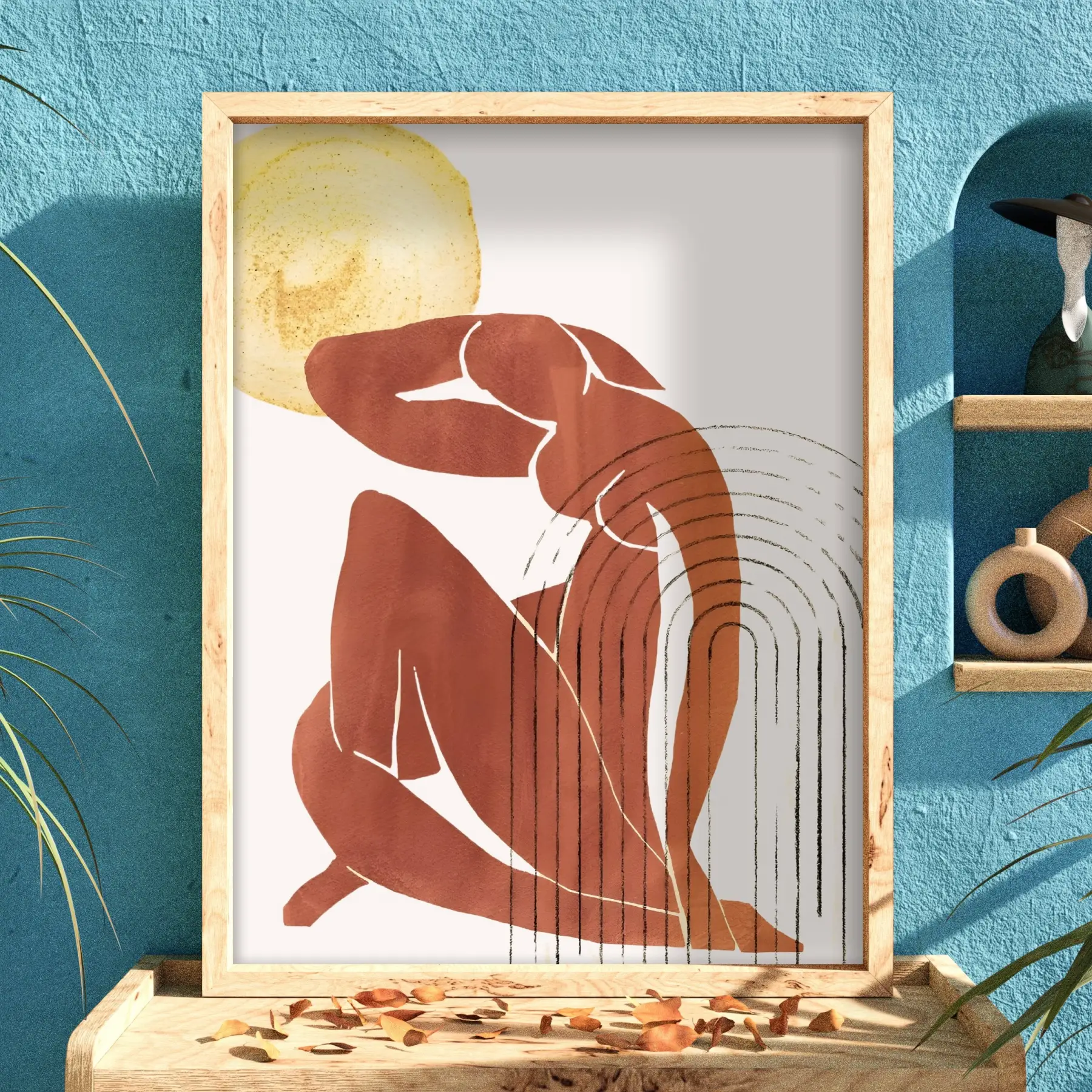 Güneşin Gölgesinde Soyut Figür Doğal Ahşap Çerçeveli Tablo Ev Aksesuarları Modern Sanat İç