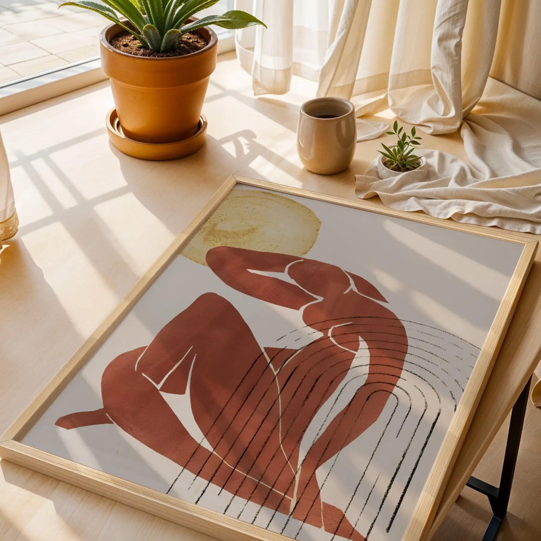 Güneşin Gölgesinde Soyut Figür Doğal Ahşap Çerçeveli Tablo Ev Aksesuarları Modern Sanat İç