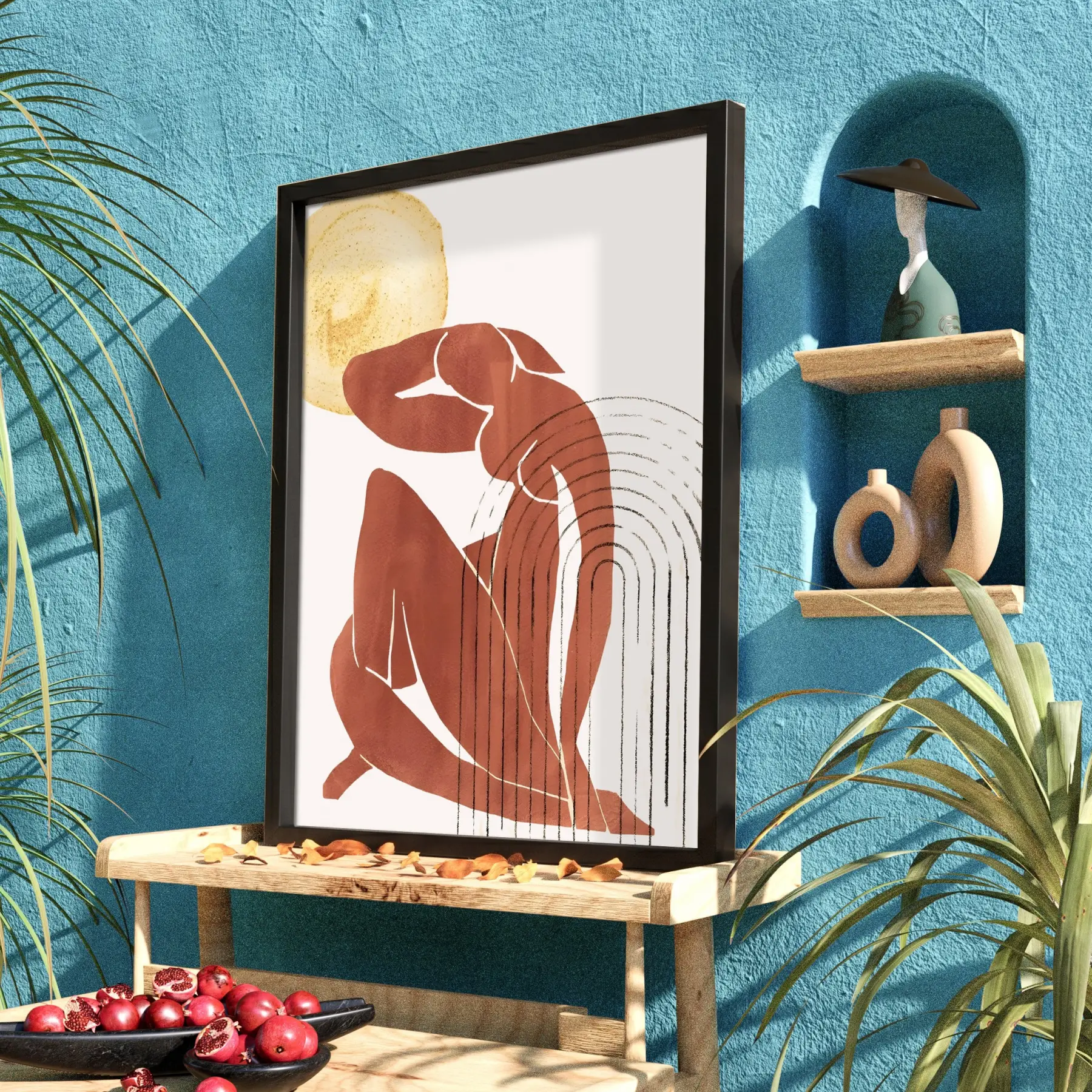Güneşin Gölgesinde Soyut Figür Siyah Ahşap Çerçeveli Tablo Obje Ev Aksesuarları Modern Sanat