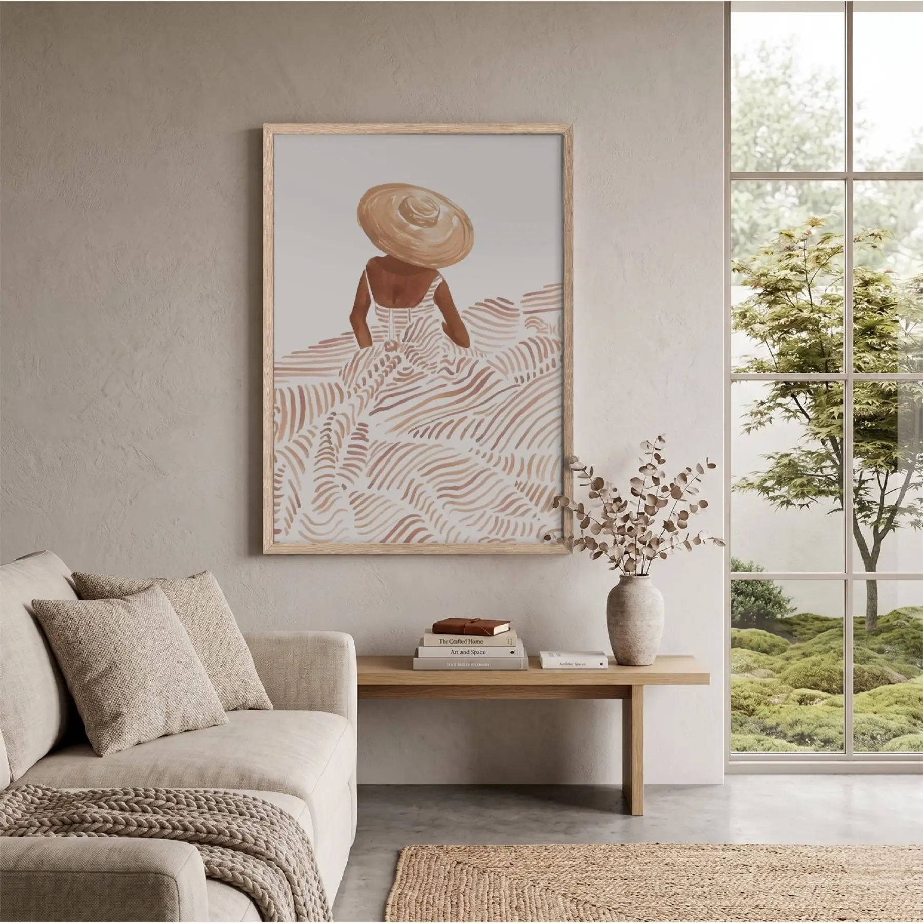 Kum Rengi Şapkalı Figür Doğal Ahşap Çerçeveli Tablo Obje Ev Aksesuarları Modern Sanat