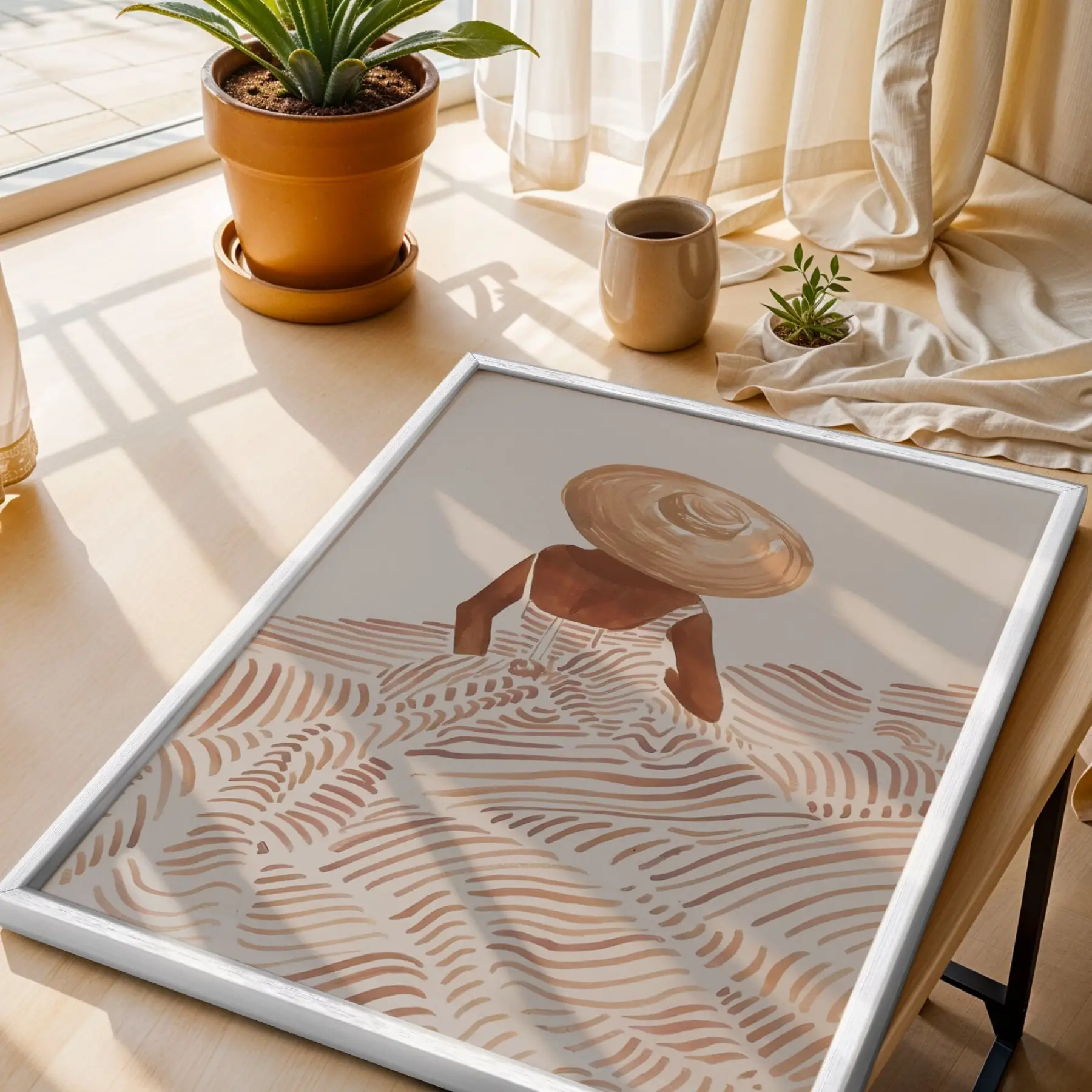 Kum Rengi Şapkalı Figür Beyaz Ahşap Çerçeveli Tablo Aksesuarları Modern Sanat İç Mekan