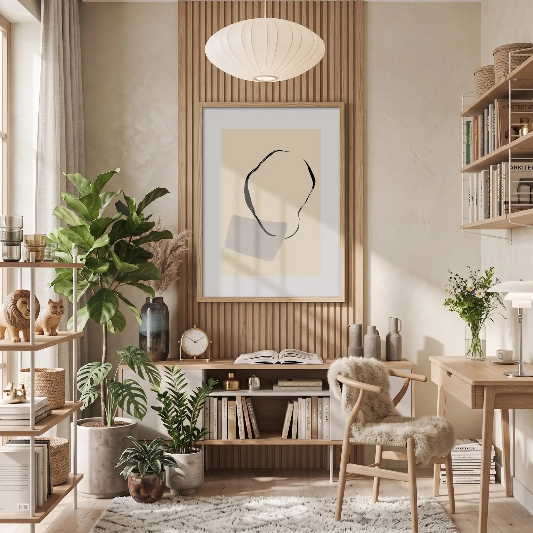 Nötr Tonlarda Soyut Çizgi Doğal Ahşap Çerçeveli Tablo Dekoratif Obje Ev Aksesuarları Modern