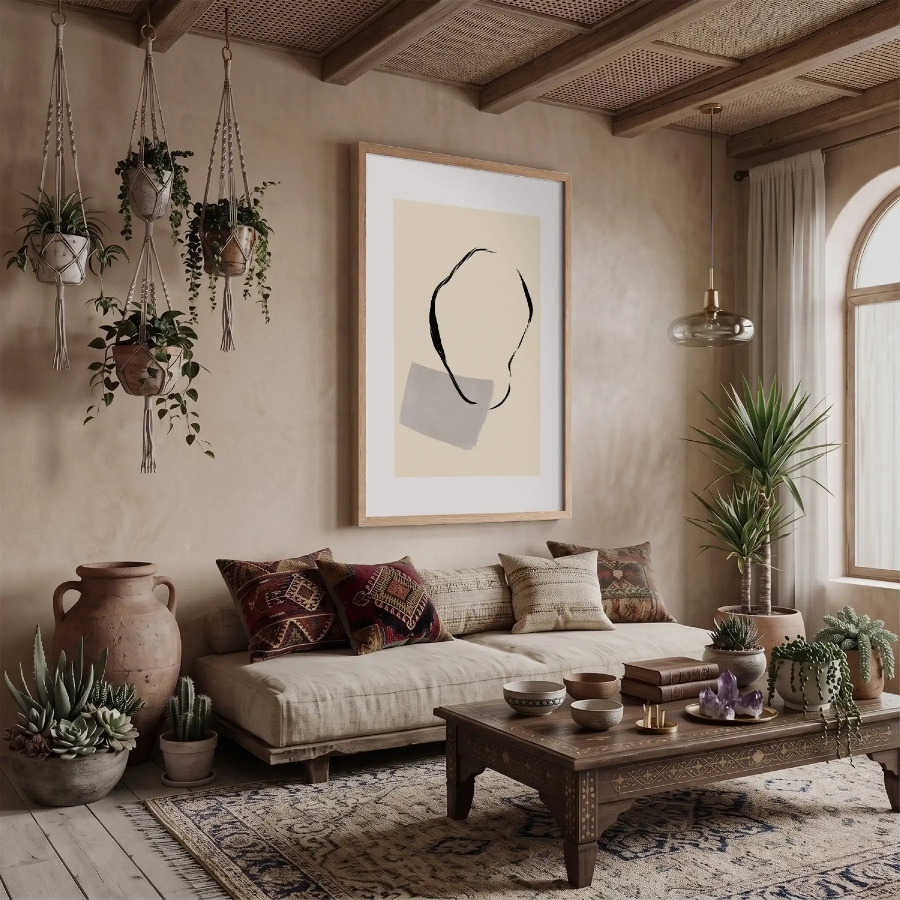 Nötr Tonlarda Soyut Çizgi Doğal Ahşap Çerçeveli Tablo Dekoratif Obje Ev Aksesuarları Modern