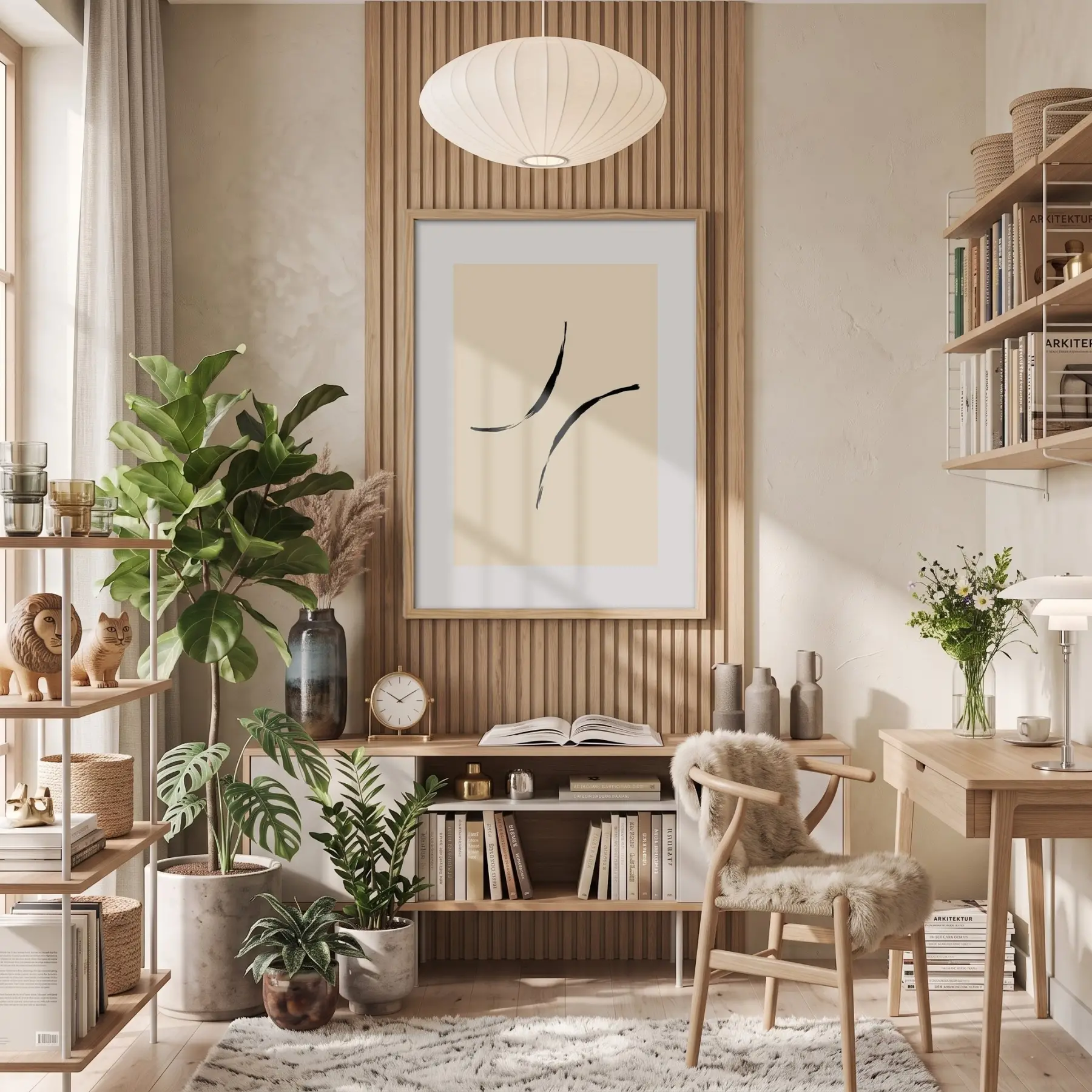 Bej Minimal Akışkan Çizgiler Doğal Ahşap Çerçeveli Tablo Ofis Kanvas Görünümlü Salon Oturma