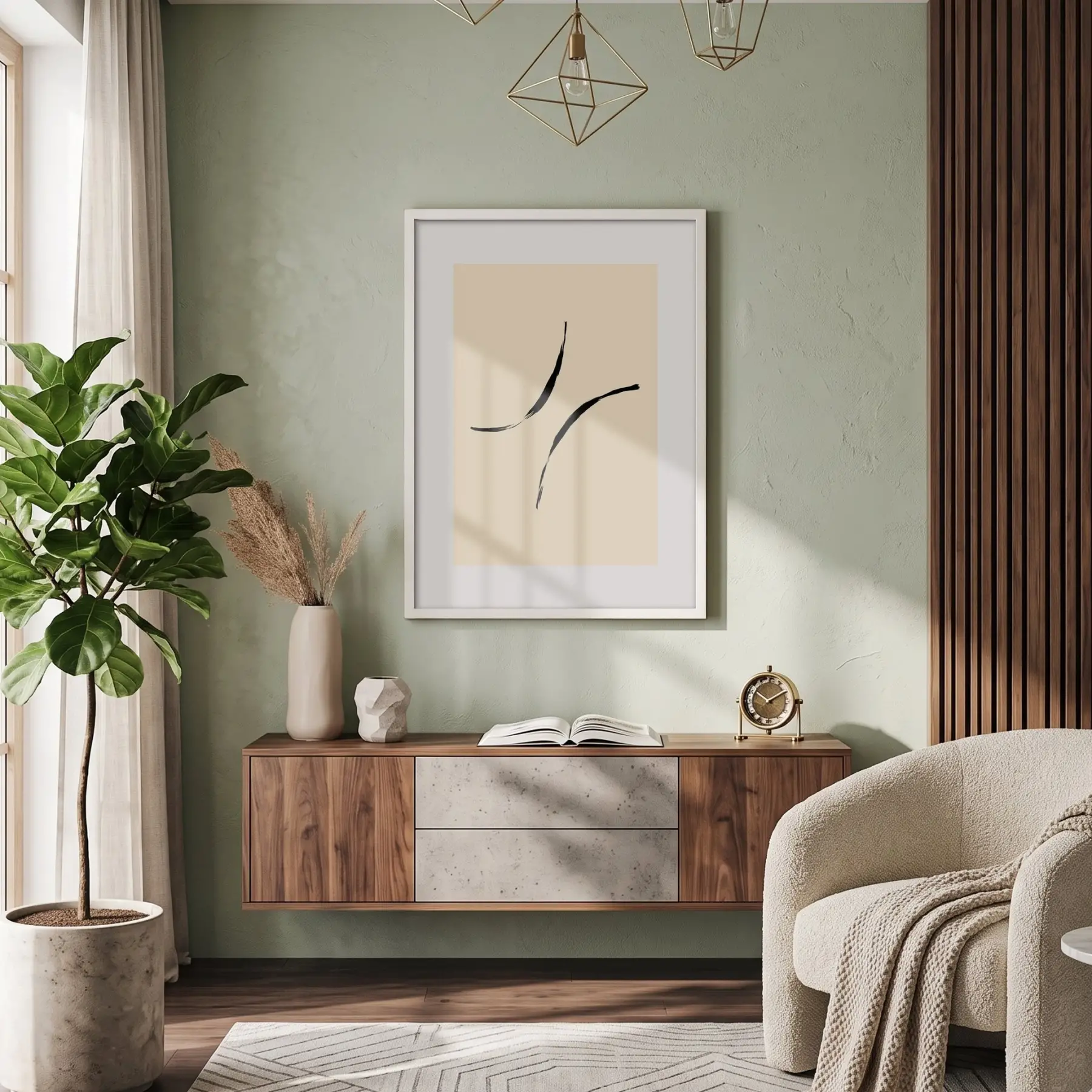 Bej Minimal Akışkan Çizgiler Beyaz Ahşap Çerçeveli Tablo Salon Oturma Odası Duvar Dekoru