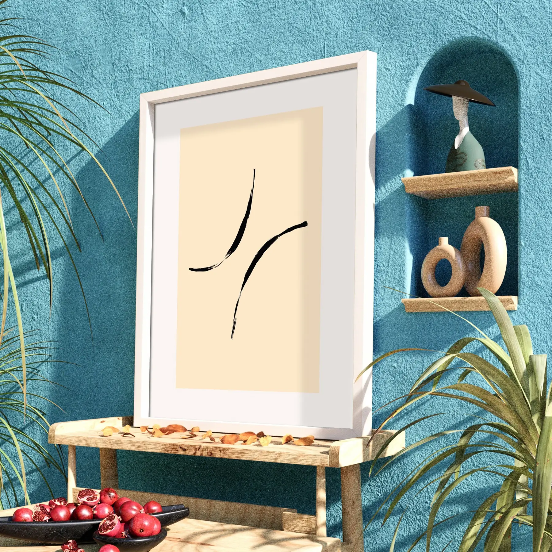 Bej Minimal Akışkan Çizgiler Beyaz Ahşap Çerçeveli Tablo Salon Oturma Odası Duvar Dekoru