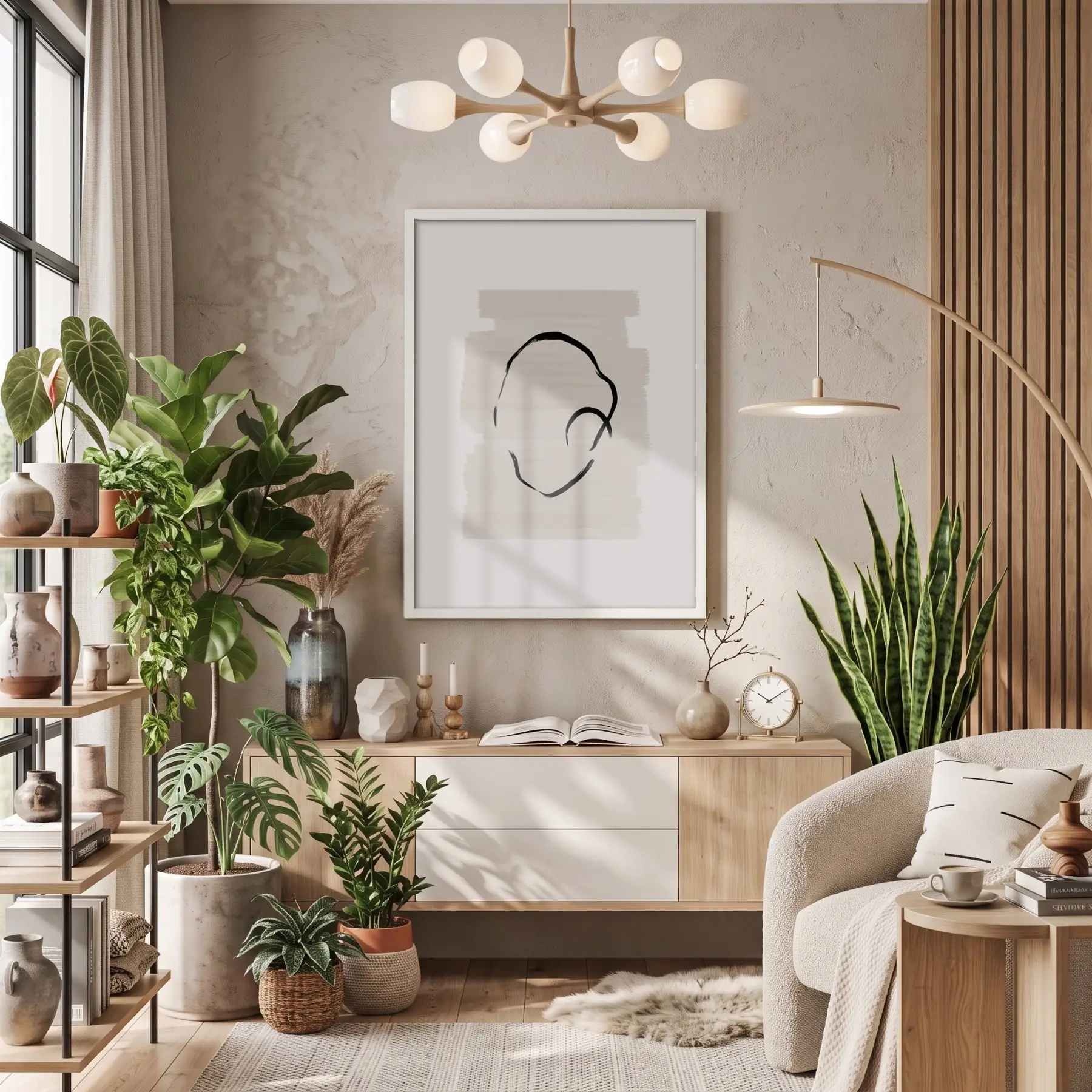 Organik Soyut Çizgi Beyaz Ahşap Çerçeveli Tablo Ev Aksesuarları Modern Sanat İç Mekan