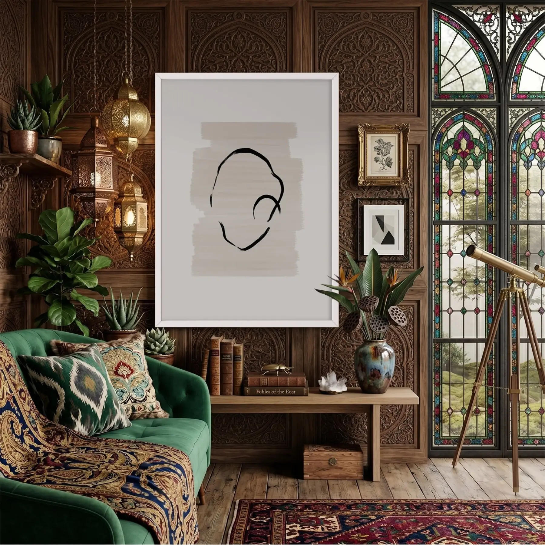 Organik Soyut Çizgi Beyaz Ahşap Çerçeveli Tablo Ev Aksesuarları Modern Sanat İç Mekan