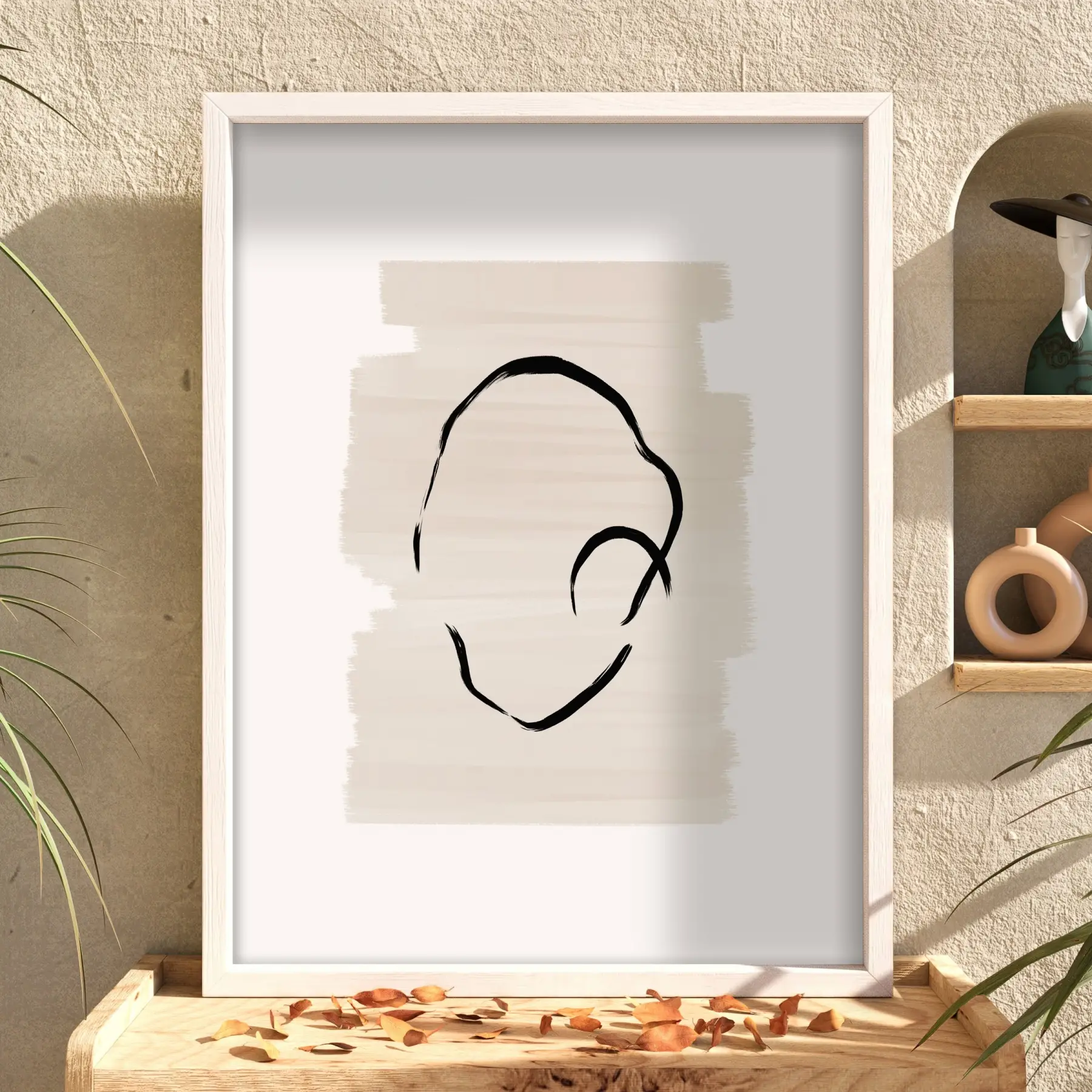 Organik Soyut Çizgi Beyaz Ahşap Çerçeveli Tablo Ev Aksesuarları Modern Sanat İç Mekan